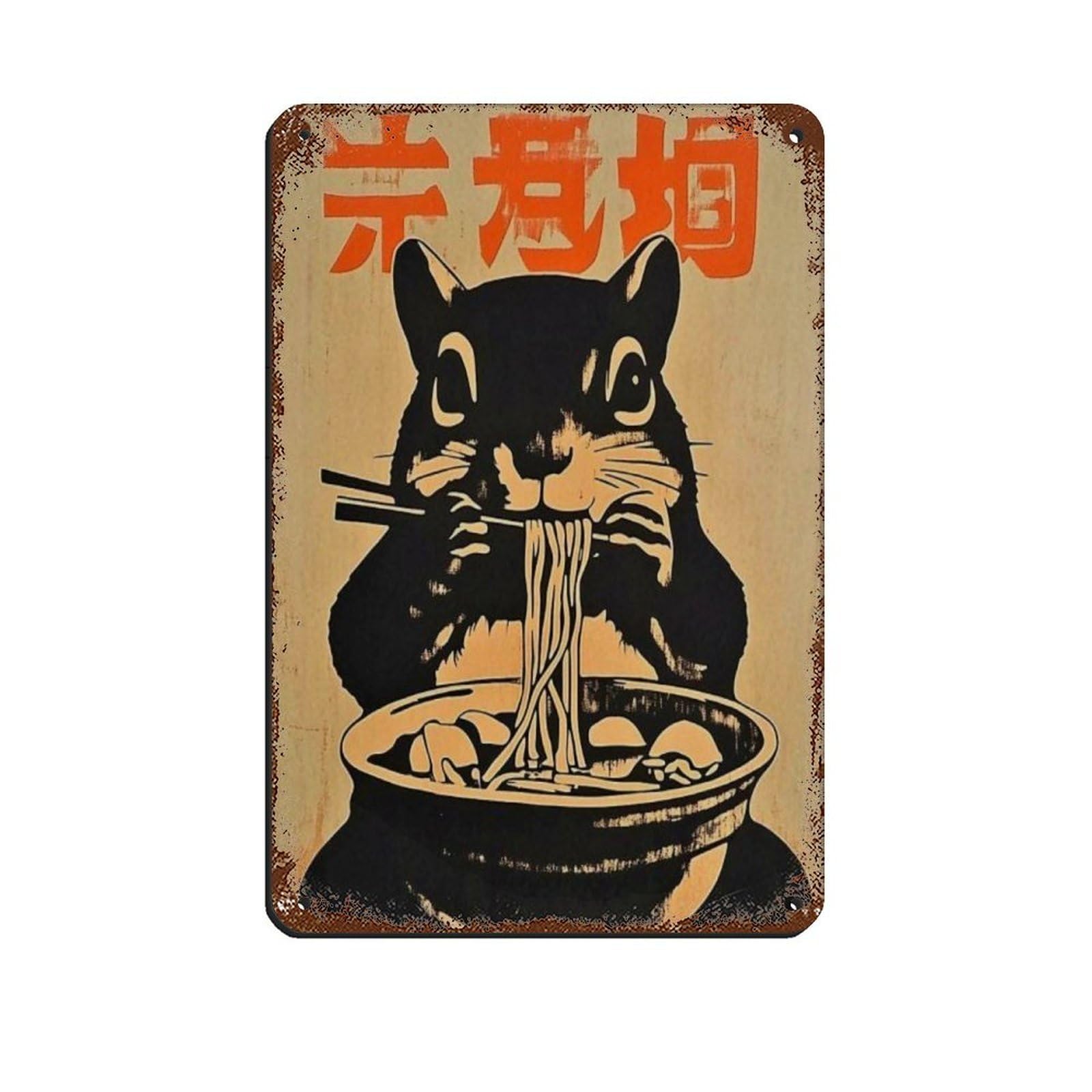 Lxwnze 20L X 30W Cm Cute Squirrel Eating Ramen Art Poster, Tin Sign Vintage Metal Pub Club Cafe Bar Home Wall Art Decoration Poster Retro 8X12inch(20X30cm)