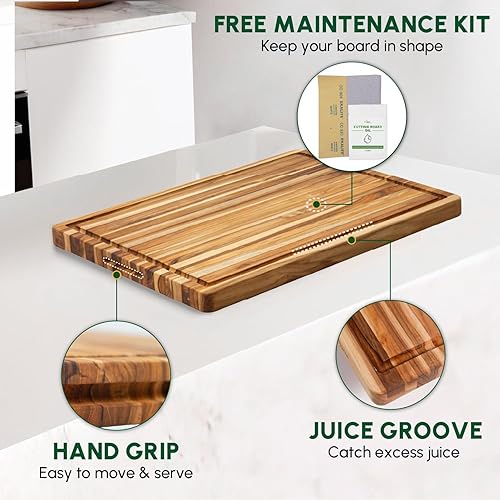 Miniatura 5 de BEEFURNI Tabla de cortar de madera de teca con agarre de mano con ranura para jugo, tablas de cortar de madera extra grandes para cocina, tabla de