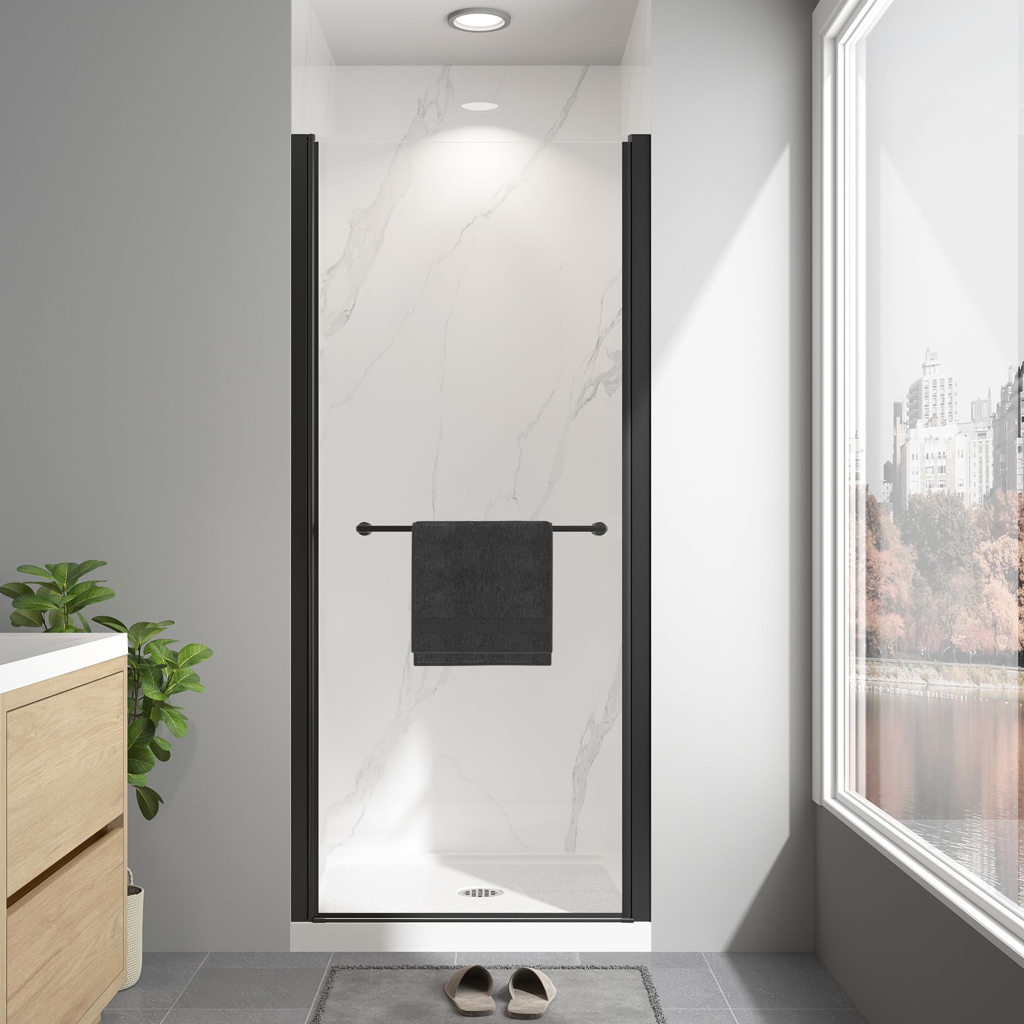 EASYWORC Frameless Pivot Shower Door 32"-34" W x 72" H, Swing Shower Glass Doors with Nano Explosion-Proof Film Tempered Glass 1/4"(6mm) Reversible Installtion, Matte Black Finish