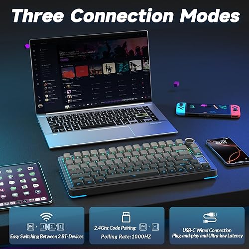 Miniatura 4 de AULA Teclado mecánico inalámbrico S75 PRO con pantalla y perilla, teclado para juegos intercambiable en caliente de tres modos 75%, interruptores