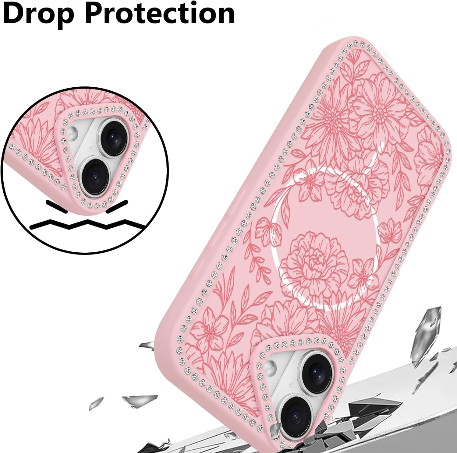 Designed for iPhone 16 Case, Cute Line Peony Rose Floral Pattern with Bling Diamond Rhinestone Phone Case, Aesthetic Pattern Print TPU Bumper Case for Women Girls (Pink)