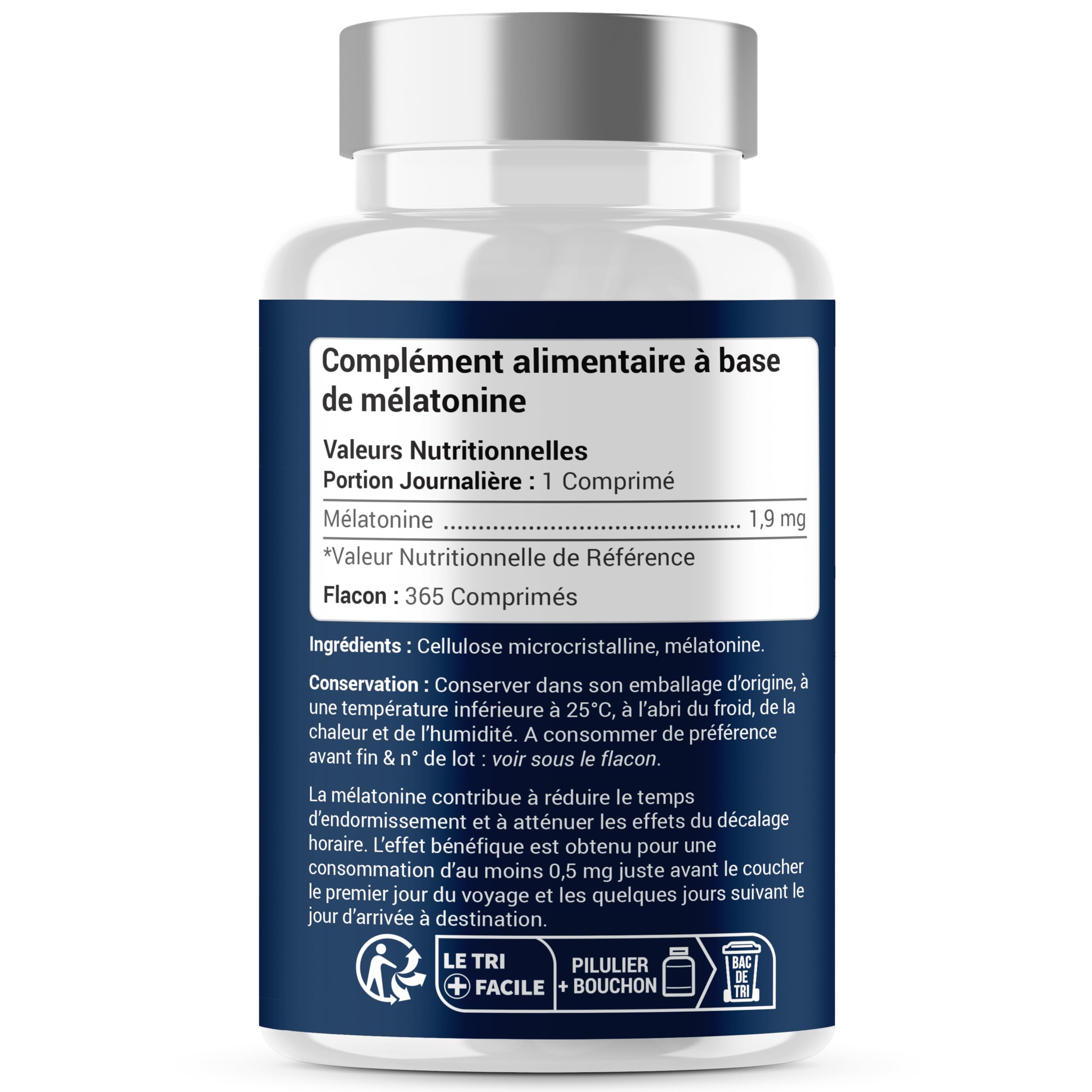 MÉLATONINE 1,9MG - 1 an d’Approvisionnement 365 Comprimés - Endormissement, Sommeil, Jetlag - Fabriqué en France