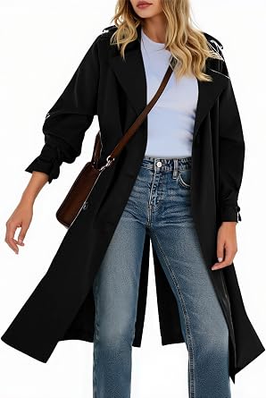 Tankaneo Womens Long Trench Coat Double Breasted Notch Lapel Overcoat