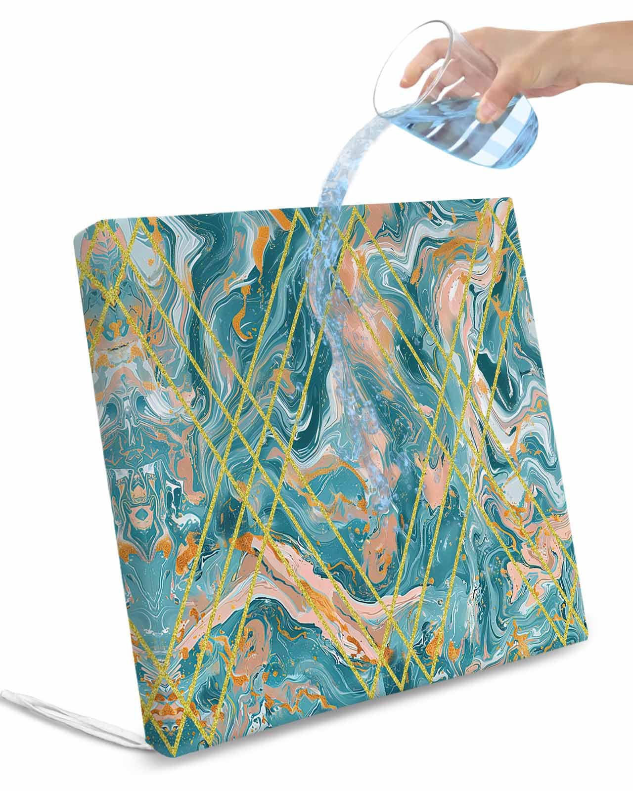 Homechoid Marble Turquoise Indoor Outdoor Couch Cushion Covers Replacement 4 Pack, Abstract Golden Geometric Retro Modern Art Waterproof Chair Sofa Seat Cover with Ties 20x18x4