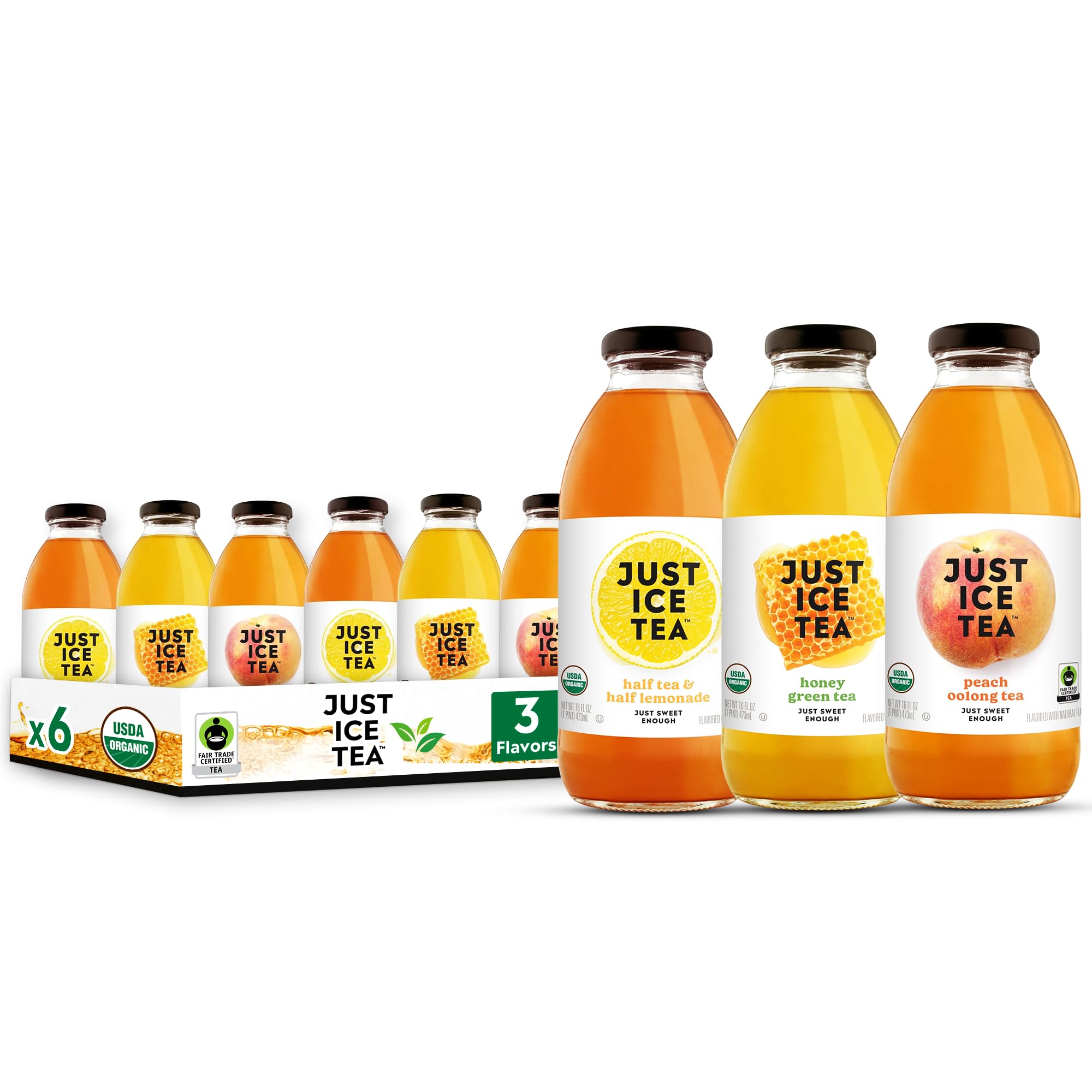 Organic Iced Tea, 3 Flavor Variety, 16 Fl Oz Glass Bottles (Pack of 6)
