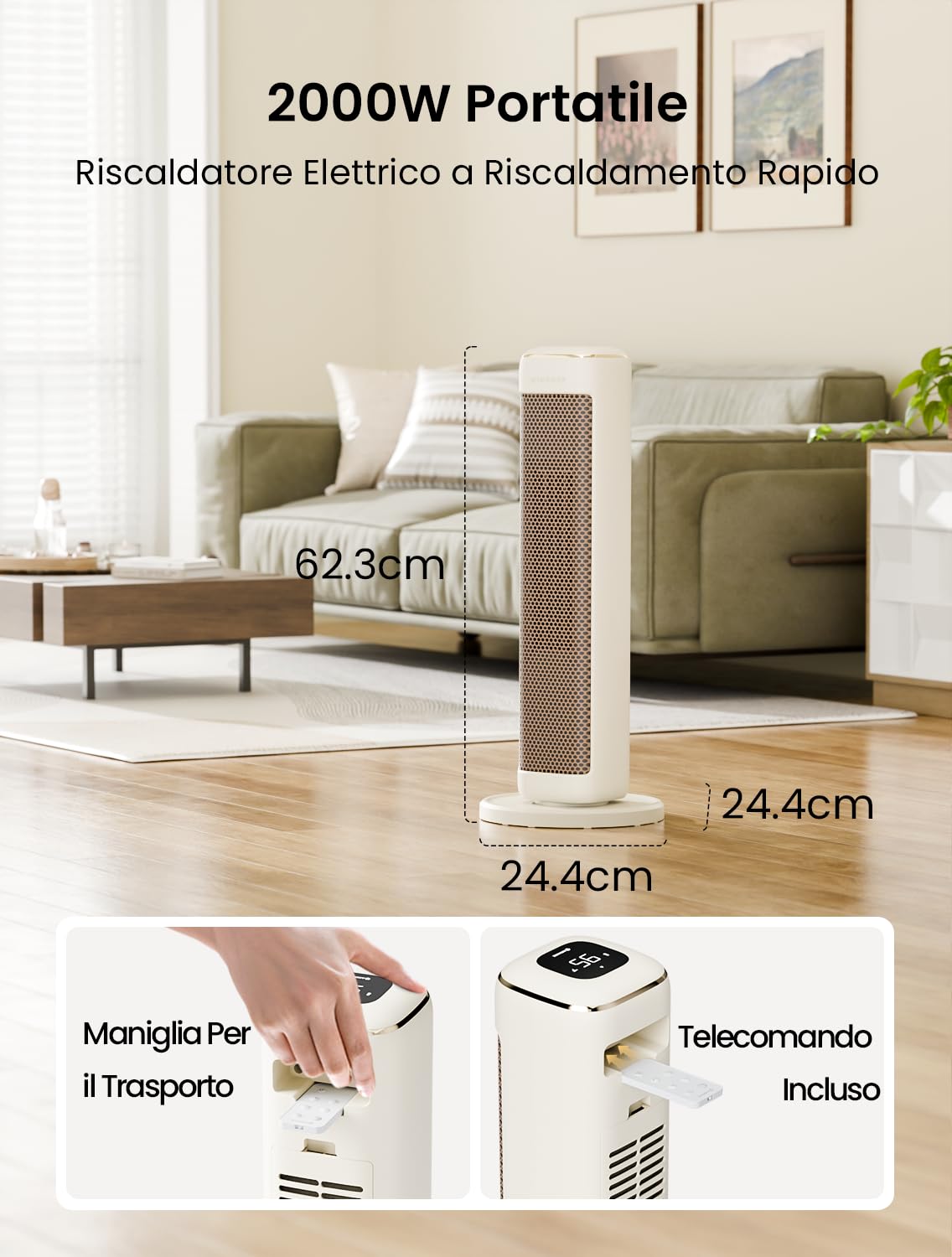 AIRMATE 63cm Stufetta Elettrica Basso Consumo, Stufa Elettrica Basso Consumo, 2000W Termoventilatore Basso Consumos, Riscaldatore Elettrico PTC, 80° Osc, Telecomando, Protezione Antiribaltamento
