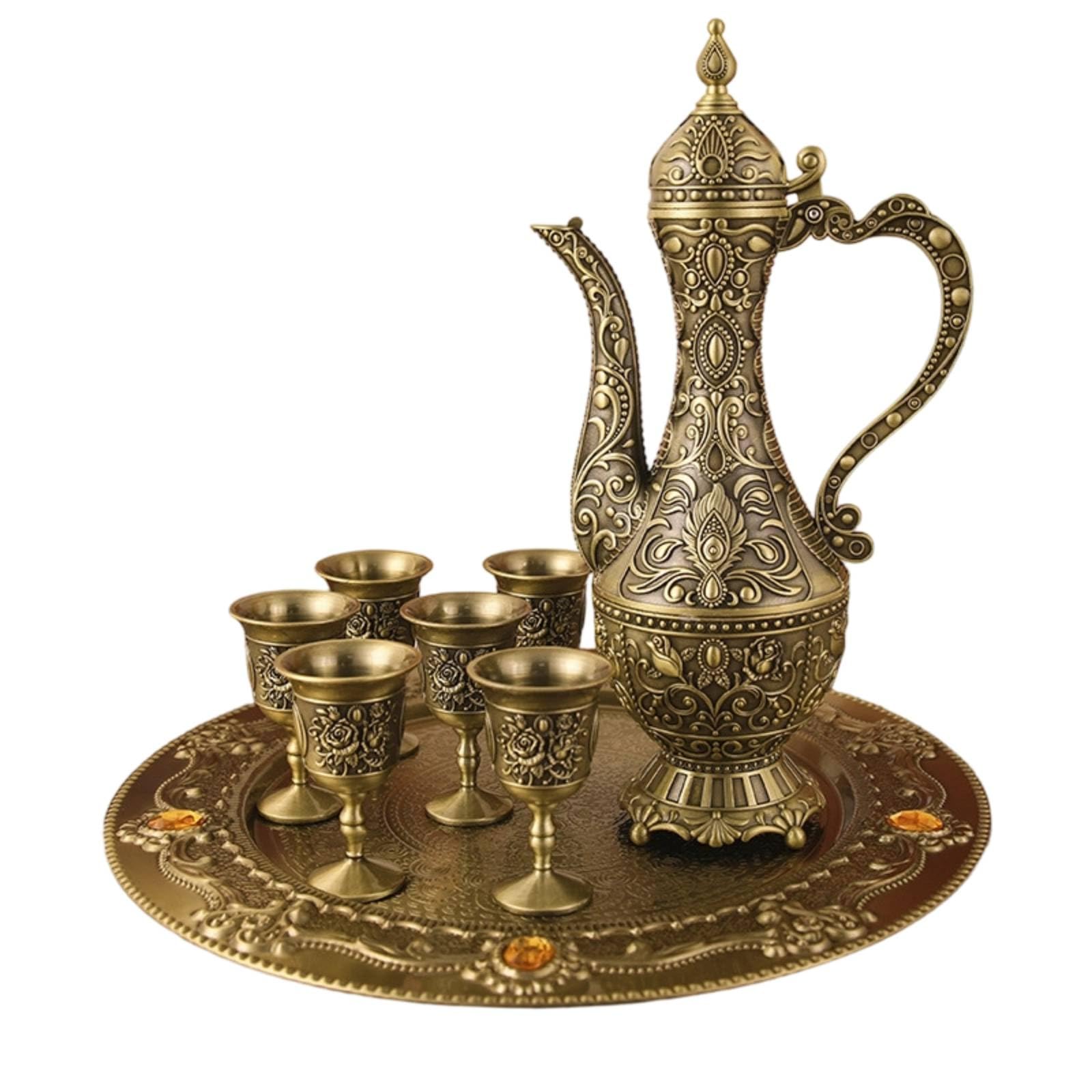 Baoblaze Servizio da Bevande Tradizionale Set Caraffa Boccale Vassoio in Metallo con Beccuccio Ricurvo E Coperchio Decorazioni a Rilievo Stile Antico Adatto, Fiore Classico Antico Verde