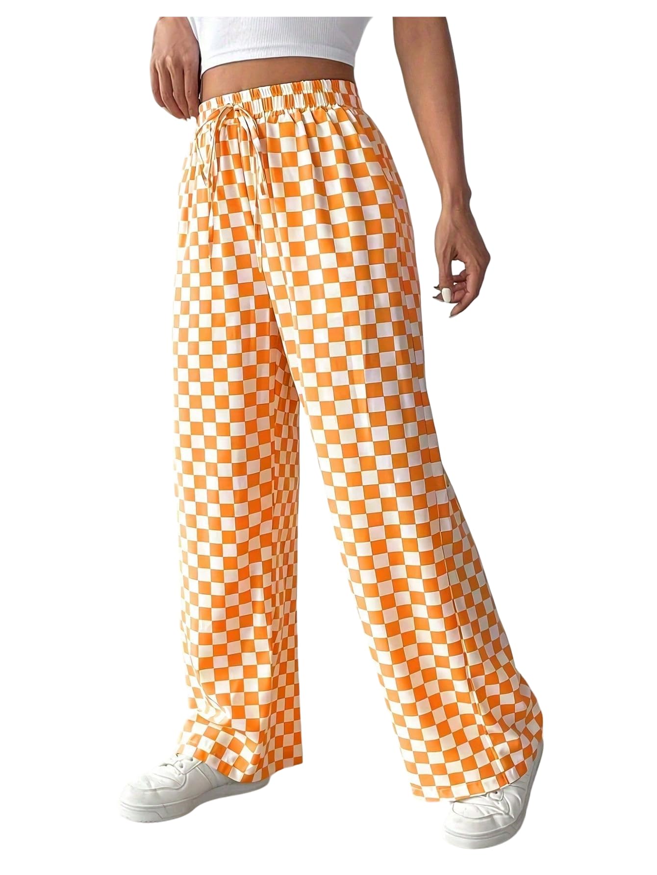 WDIRARA Womens Plus Size Checkered Plaid Pants Drawstring Waist Wide Leg Baggy Pants