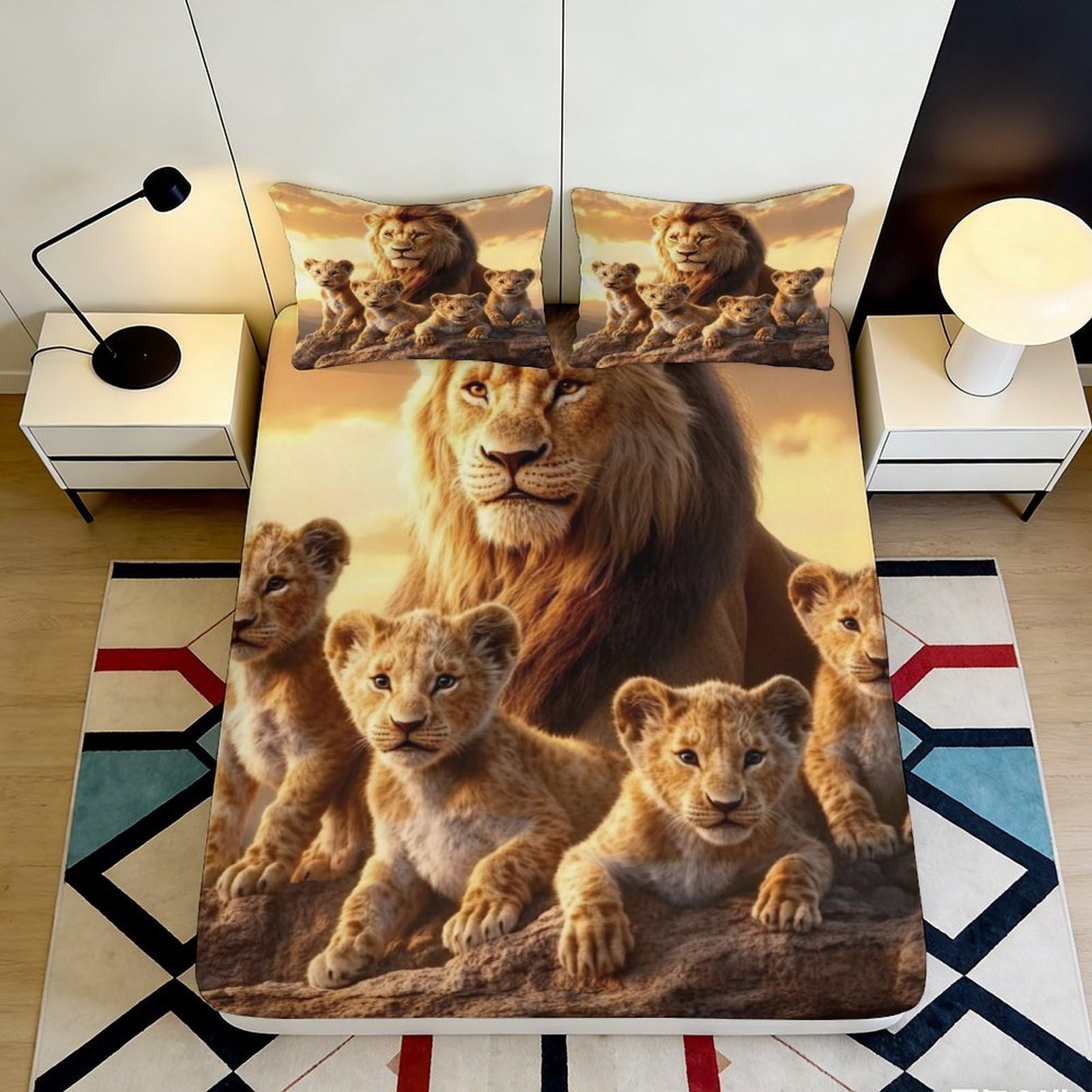 3D Printed Lion Family Fitted Sheet Microfiber Soft Durable 3D Printed Lion Cub Bed Cover for Bedroom Dormitory Guest Room Mattress Protection 140x200x25cm