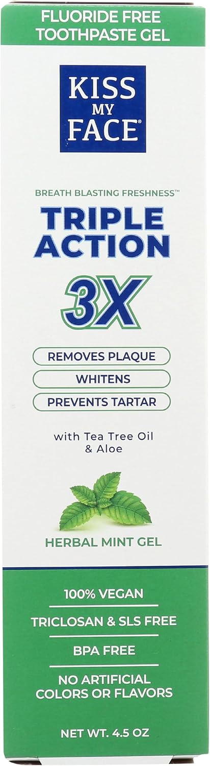 Kiss My Face Triple Action Herbal Mint Gel Toothpaste, SLS and Fluoride Free, Removes Plaque, Prevents Tartar, and Whitens Teeth, with Added Tea Tree Oil, No Artificial Colors Or Flavors, 4.5 oz