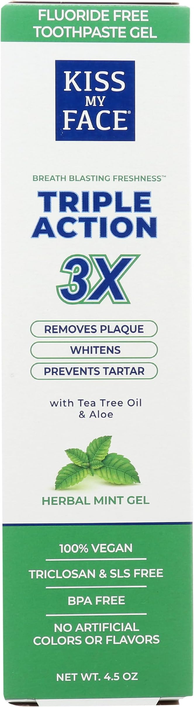 Kiss My Face Triple Action Herbal Mint Gel Toothpaste, SLS And Fluoride Free, Removes Plaque, Prevents Tartar, And Whitens Teeth, With Added Tea Tree Oil, No Artificial Colors Or Flavors, 4.5 oz