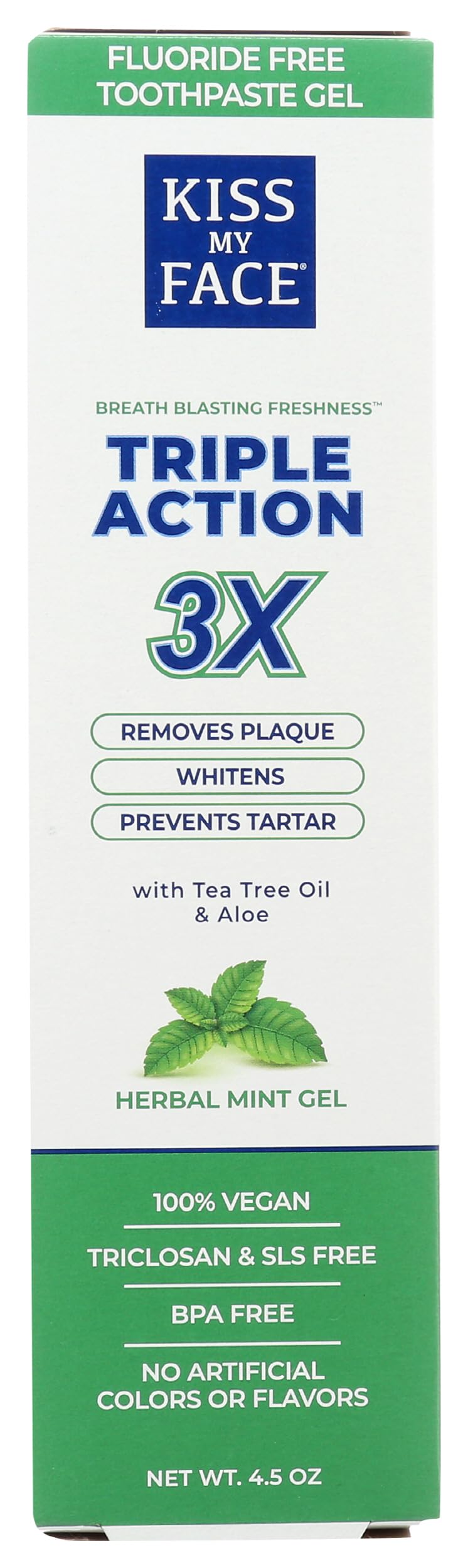 Kiss My Face Triple Action Herbal Mint Gel Toothpaste, SLS and Fluoride Free, Removes Plaque, Prevents Tartar, and Whitens Teeth, with Added Tea Tree