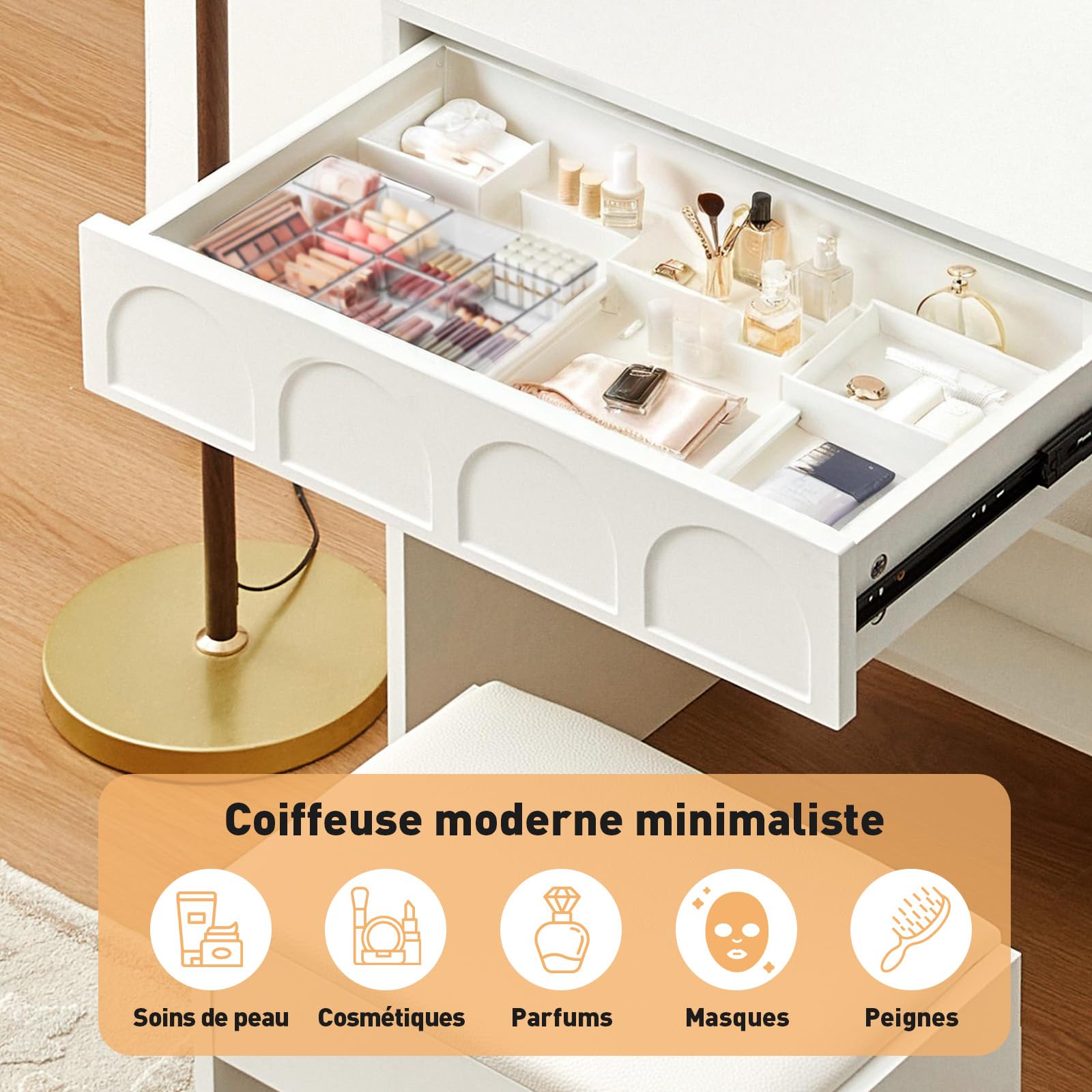 LEMROE Coiffeuse Moderne avec Miroir LED Tactile 3 Couleurs, Blanc | Table de Maquillage Compacte, Coiffeuse avec Miroir et Tabouret, pour Petits Espaces , Cadeaux pour filles