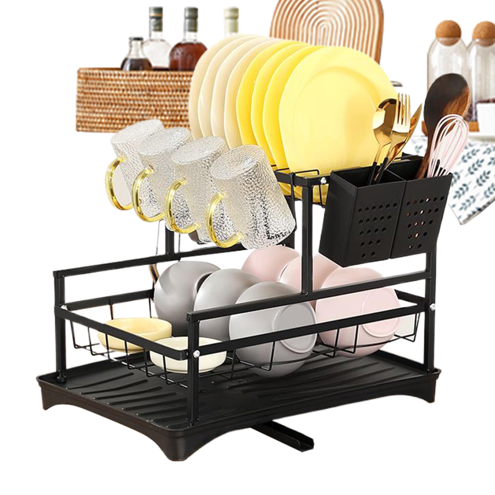 Générique Égouttoir à Vaisselle Support de Rangement 2 Niveaux | Égouttoir Organisateur avec Support pour Couvercles Planches à Découper Inoxydables et Porte-Ustensiles pour Cuisine