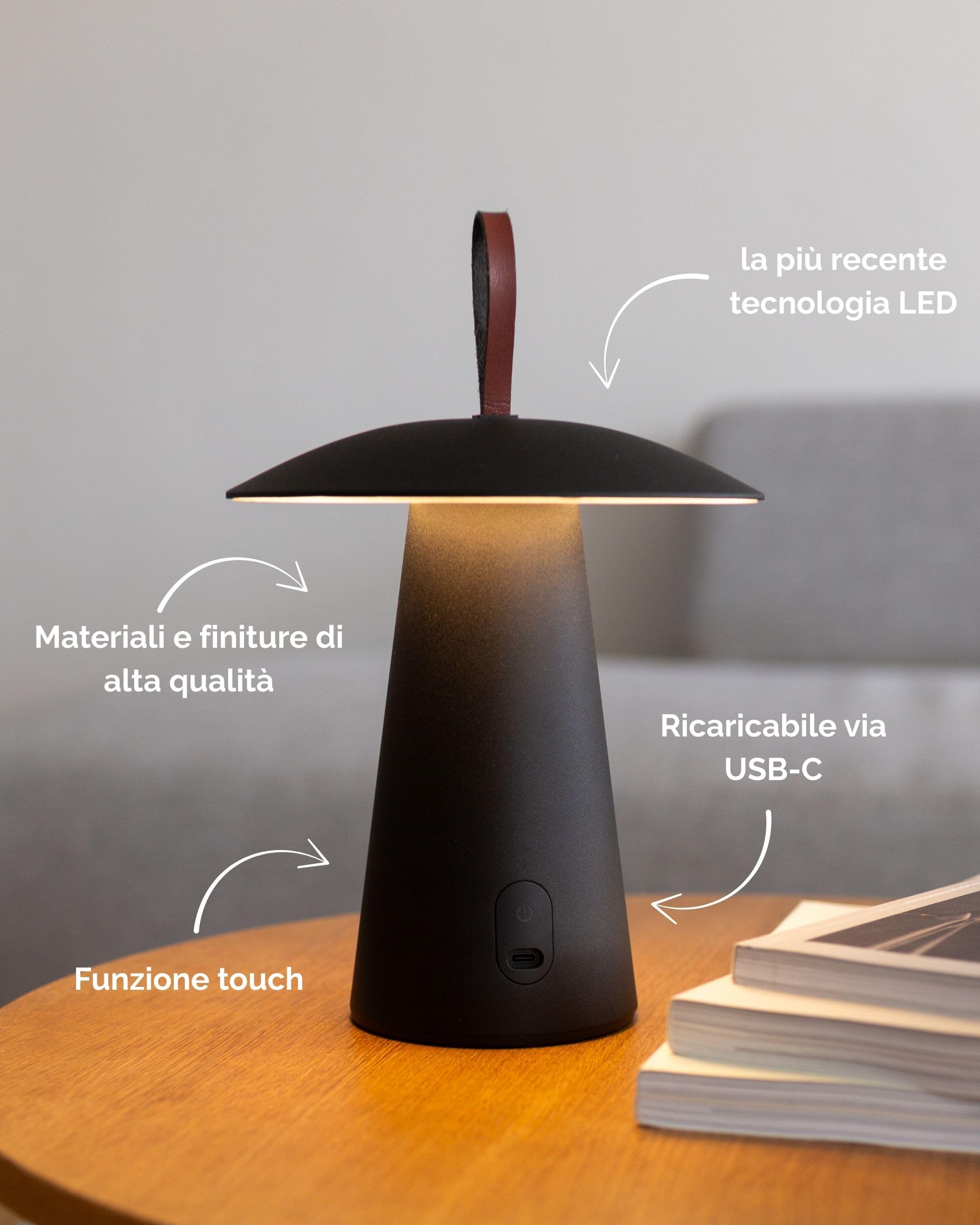 LUUK Studio Lampada da Tavolo LED Ricaricabile Senza fili a Forma di fungo, Controllo Tattile con Regolazione Continua, USB-C, IP54, Lampada Decorativa Moderna Interni, Camera da Letto, Esterni, Nero