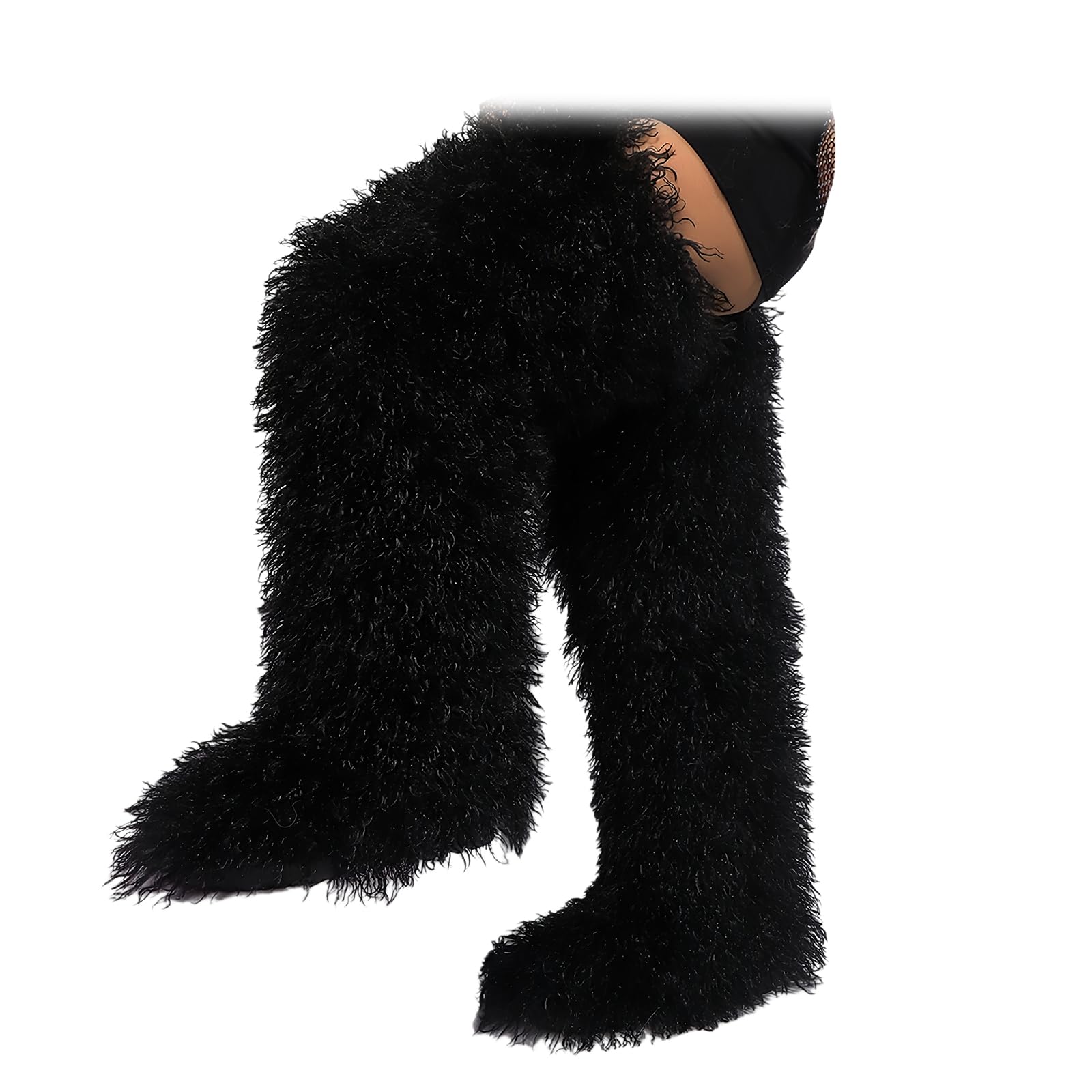 2026 Black Thigh High Fur Boots for Women Thigh High Fur Boots Tall Furry Shoes