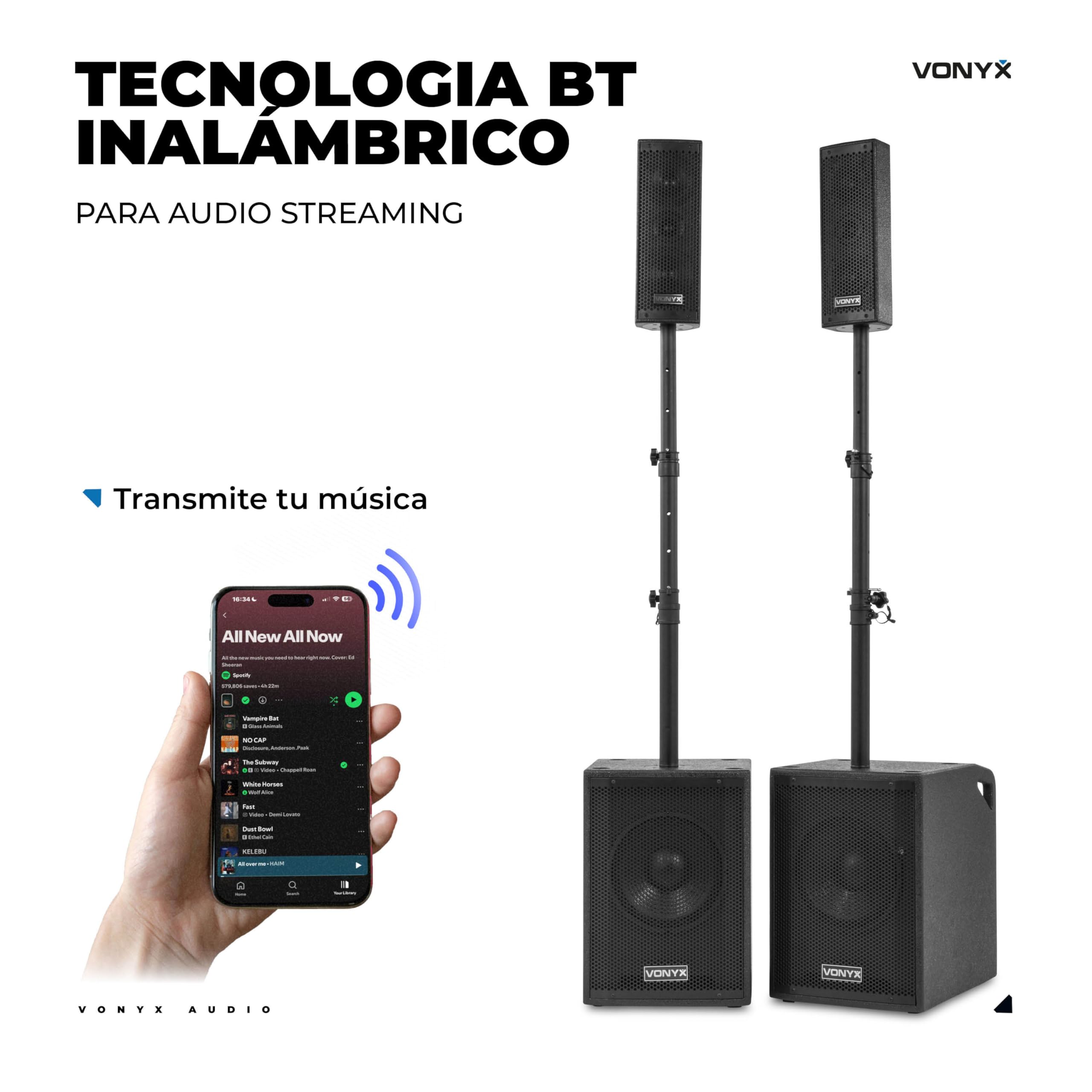 Vonyx VX1020BT – Sistema 2.2 Activo 1050W con Bluetooth, USB, SD, Doble subwoofer 10”, Micro, Trolley, Funda y Soportes, Equipo de Sonido Profesional para Eventos, Fiestas y DJ, Color Negro