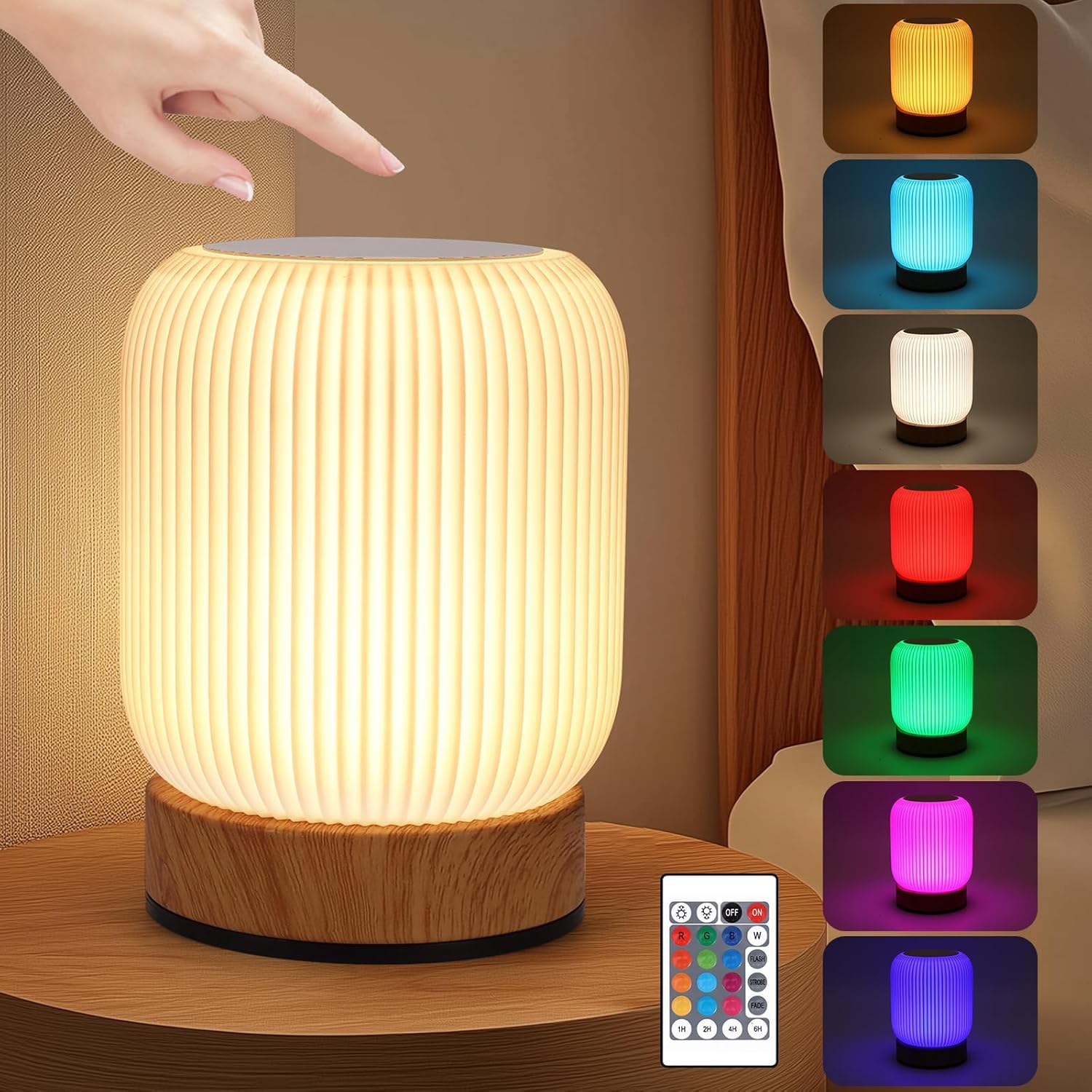 UNIMIW Night Light, LED Touch Bedside Table Lamp with Remote Control Dimmable Light, 10 RGB Colours and 5 Brightness Levels, Timer, USB Rechargeable, Portable Lamp for Bedroom, Living Room