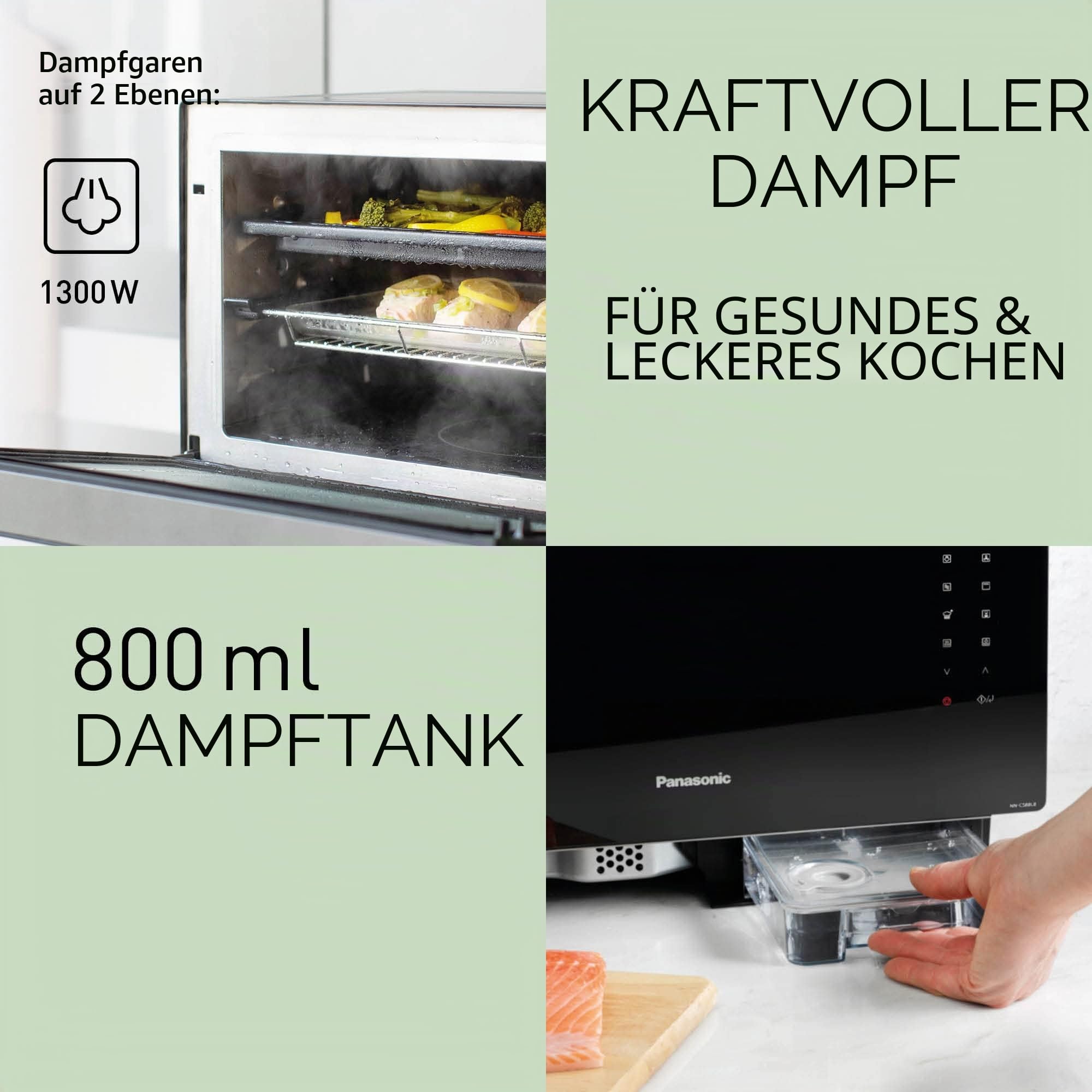 Panasonic NN-CS88LBEPG | 4-in-1-Kombi-Dampfofen, 31 l, Inverter, Drehheizung auf 30-230 °C, Flachgrill 1300 W, Mikrowelle 1000 W, Dampf 1300 W, feste Oberseite, Schwarz — Version FR