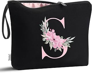 Vavabox A-Z Personalized Initial Makeup Bag, Birthday Gifts for Women Unique,Bride Bridesmaid Gift Cosmetic Bags (S, Black)