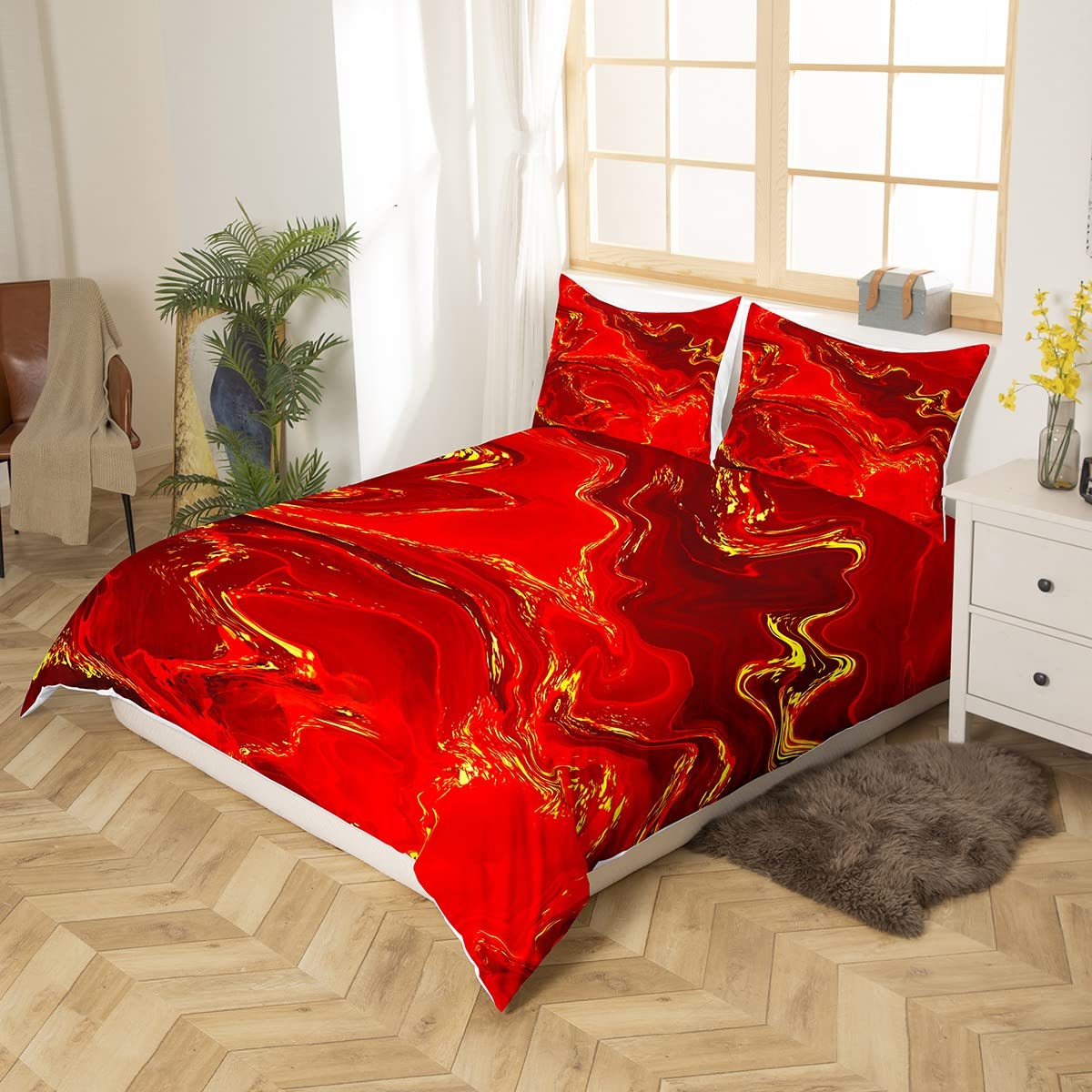Red Marble Duvet Cover Set Double Size, Luxurious Red Gold Marbling Comforter Cover with 2 Pillowcases - Image 2
