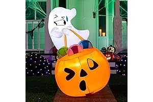Giant Halloween Inflatable 5ft Cute Ghost with Pumpkin Candy Bag and Built-in LED Lights