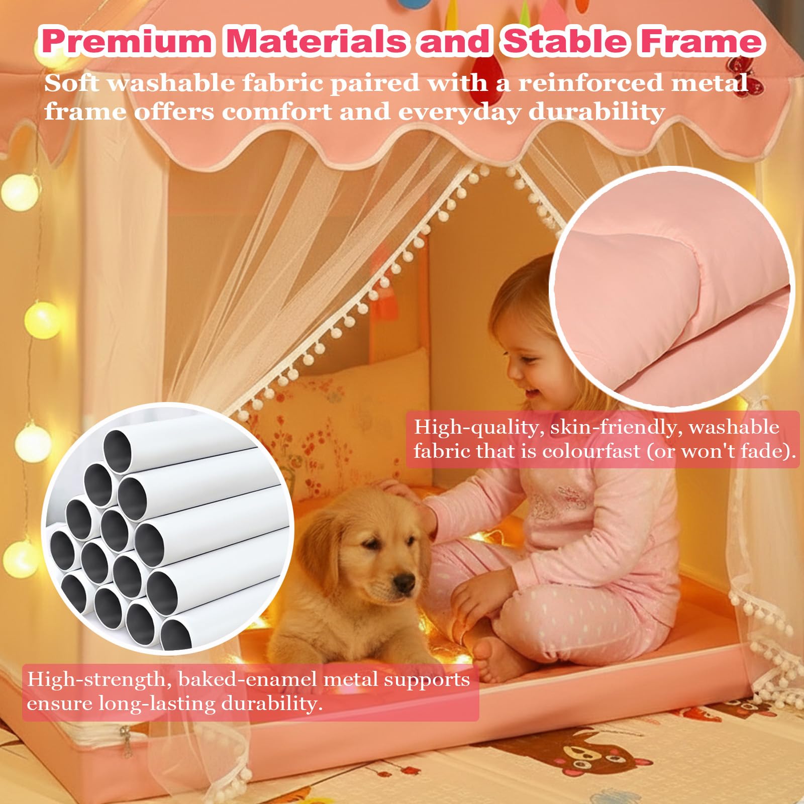 Large Kids Play Tent Indoor, 2 in 1 Children’s Playhouse with Star Lights and Colourful Flags - Image 2