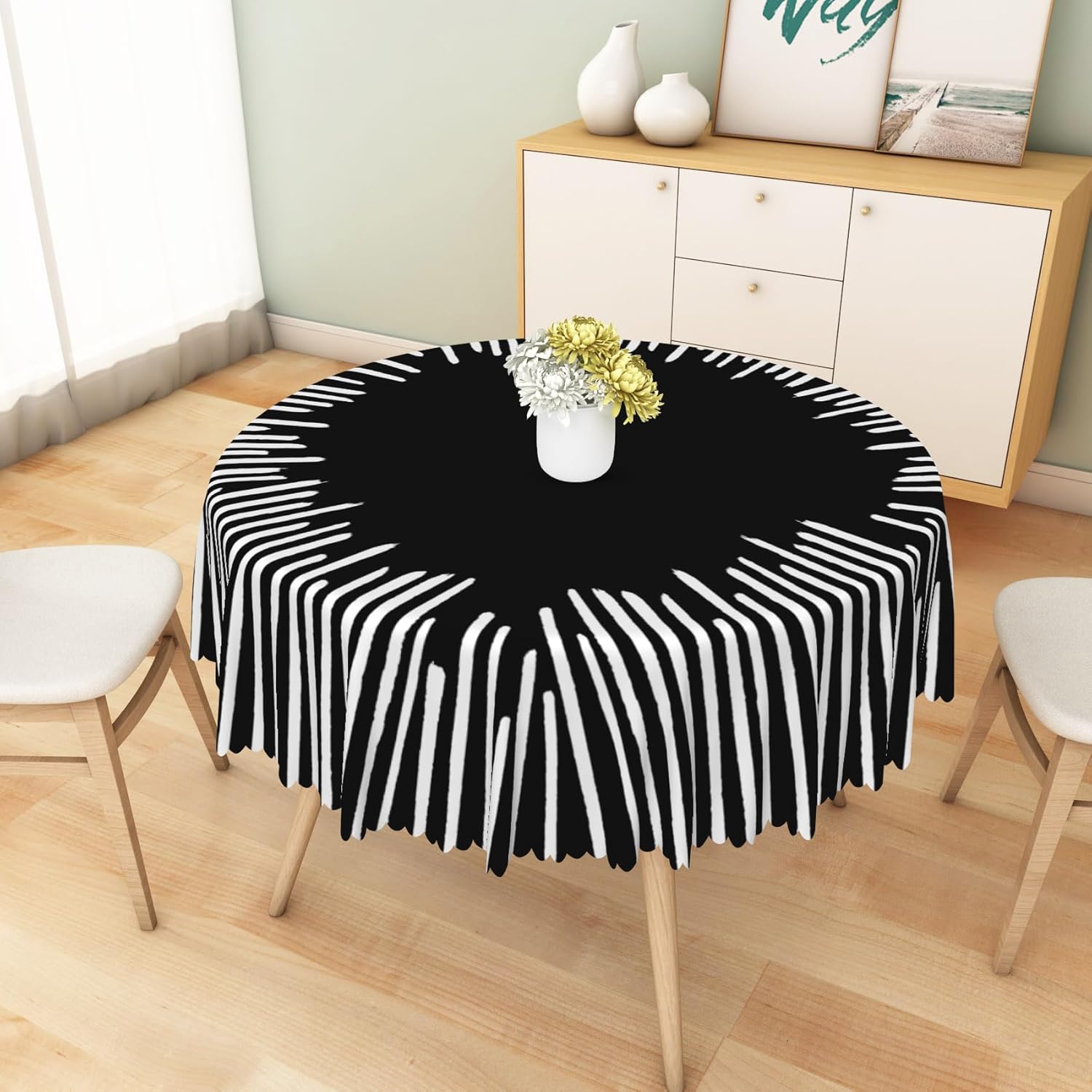 Abstract Stripes Round Tablecloths Water Resistant Black White Modern Abstract Geometry Table Cloth Birthday Wedding Parties Table Cover for Dining Room Kitchen Cafe Home Decorations,60 Inch