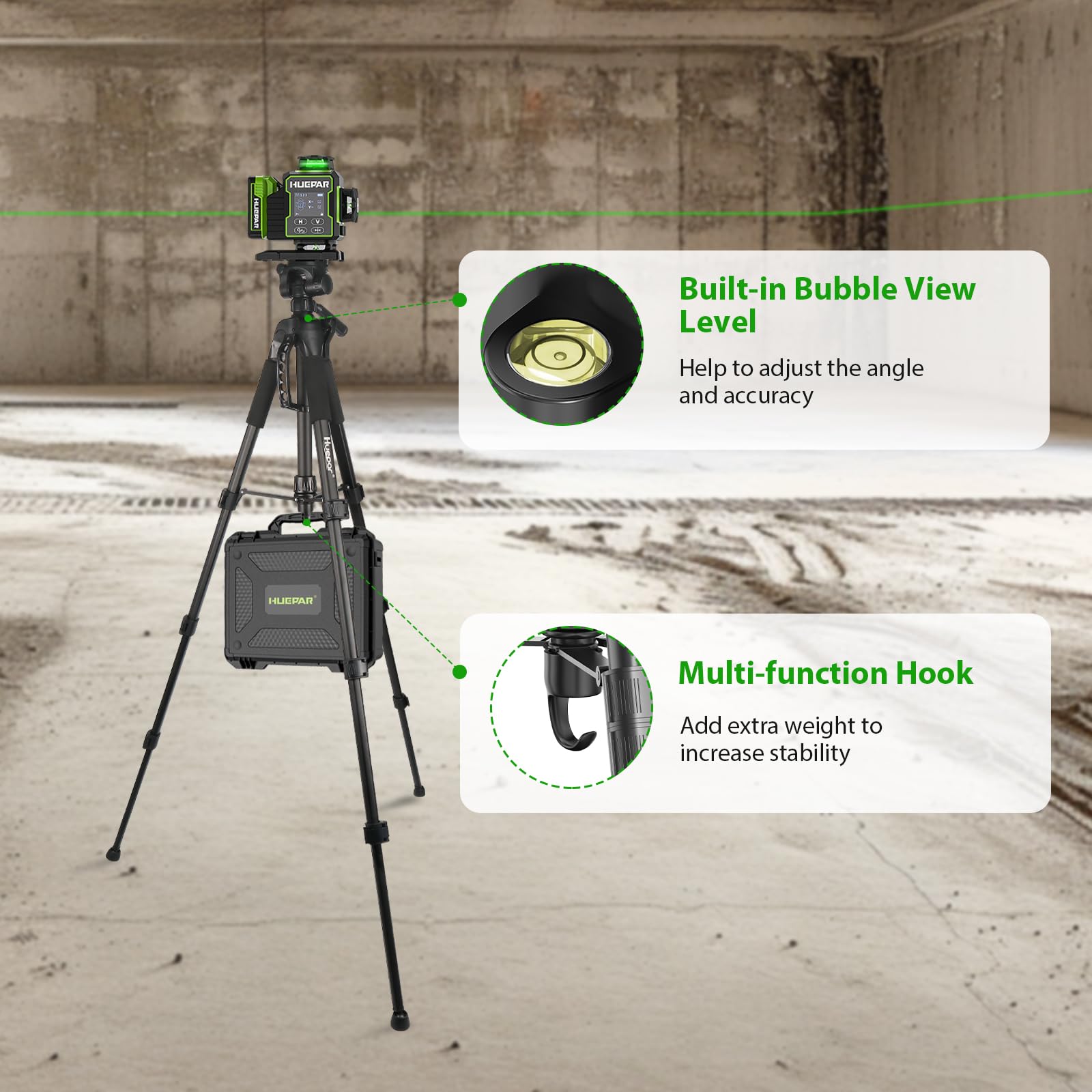 Huepar TPD14A1 150cm Trépied Réglable Portable pour Niveau Laser, avec Tête Panoramique Flexible 3-Voies et Niveau à Bulle,Support pour téléphone avec Vis 1/4"-20 et Écrou d'adaptation 5/8"-11