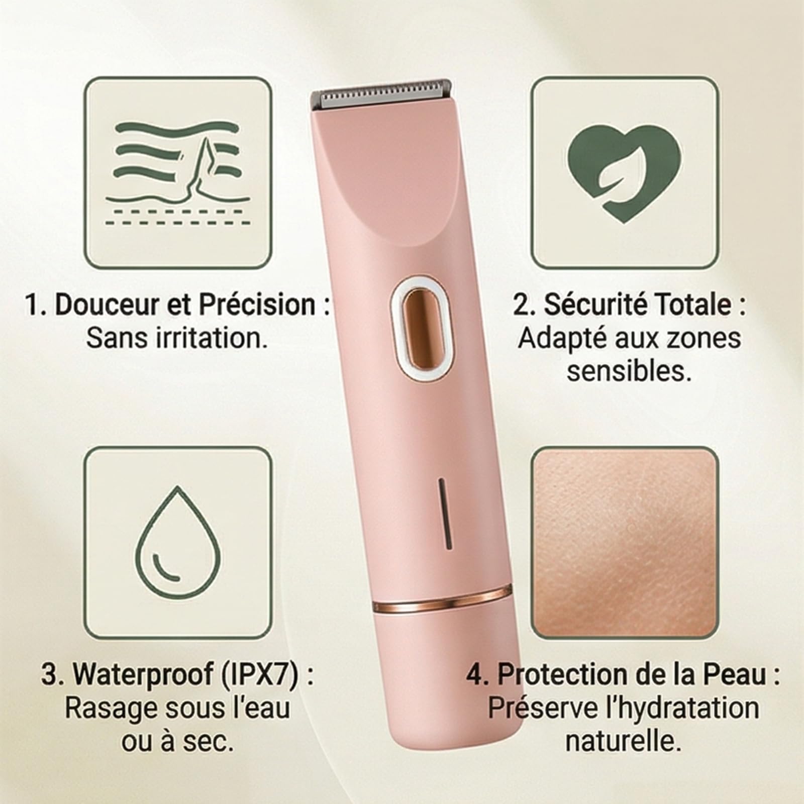 Rasoir Klyne Femme, Klyne Tondeuse Femme —— Tondeuse Intime & Sourcils, Recharge USB, Étanche IPX7, Pour Bikini, Aisselles, Jambes et Nez - 3