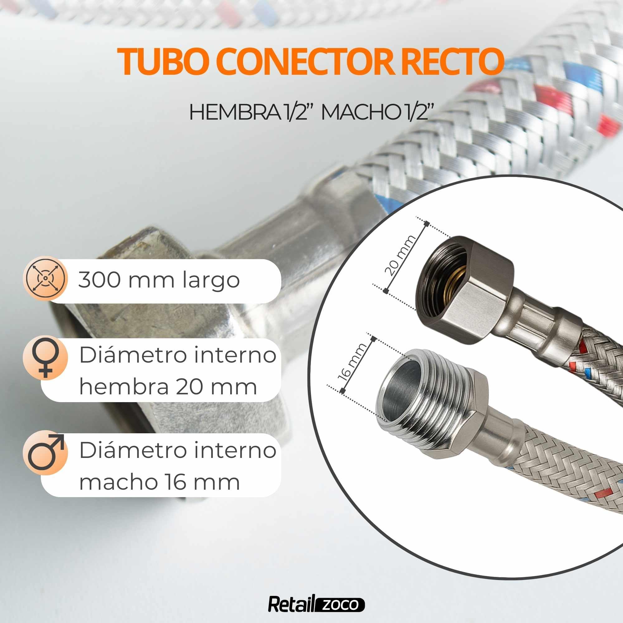 Latiguillo de Fontanería Hembra 1/2” x Macho 1/2”, Longitud 30 cm - imagen 4