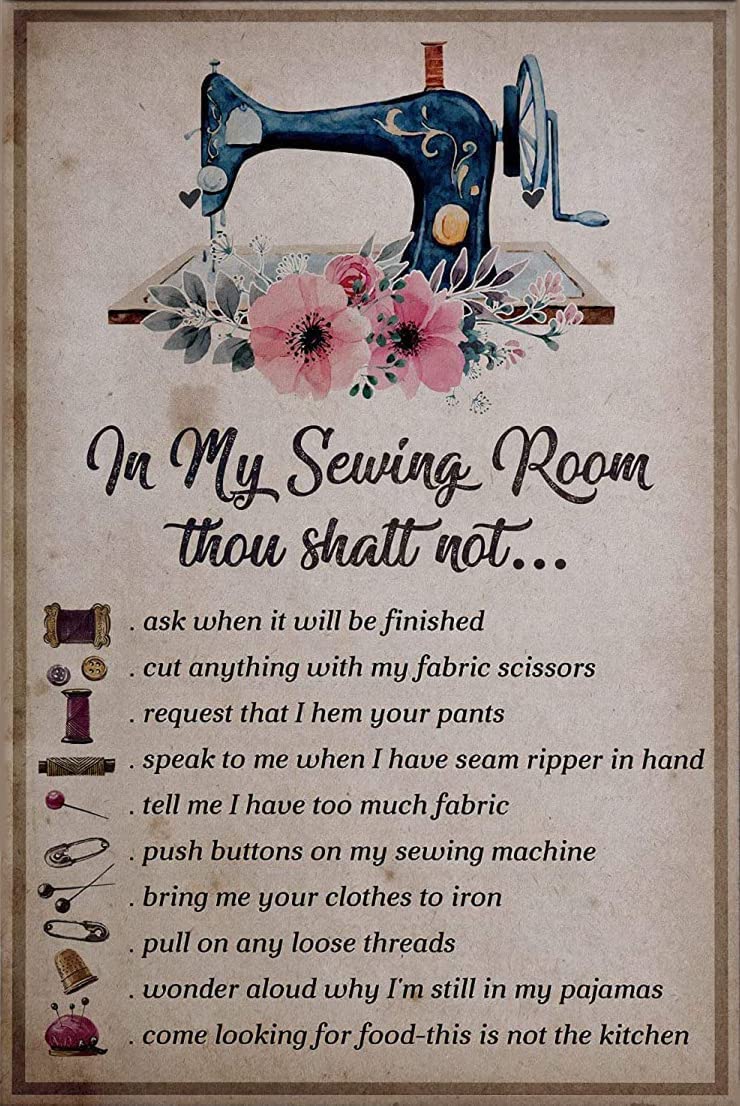 Vintage Tin Sign Funny Plaque Sewing Room Decor, 'In My Sewing Room Thou Shalt Not' Wall Art 14x20cm
