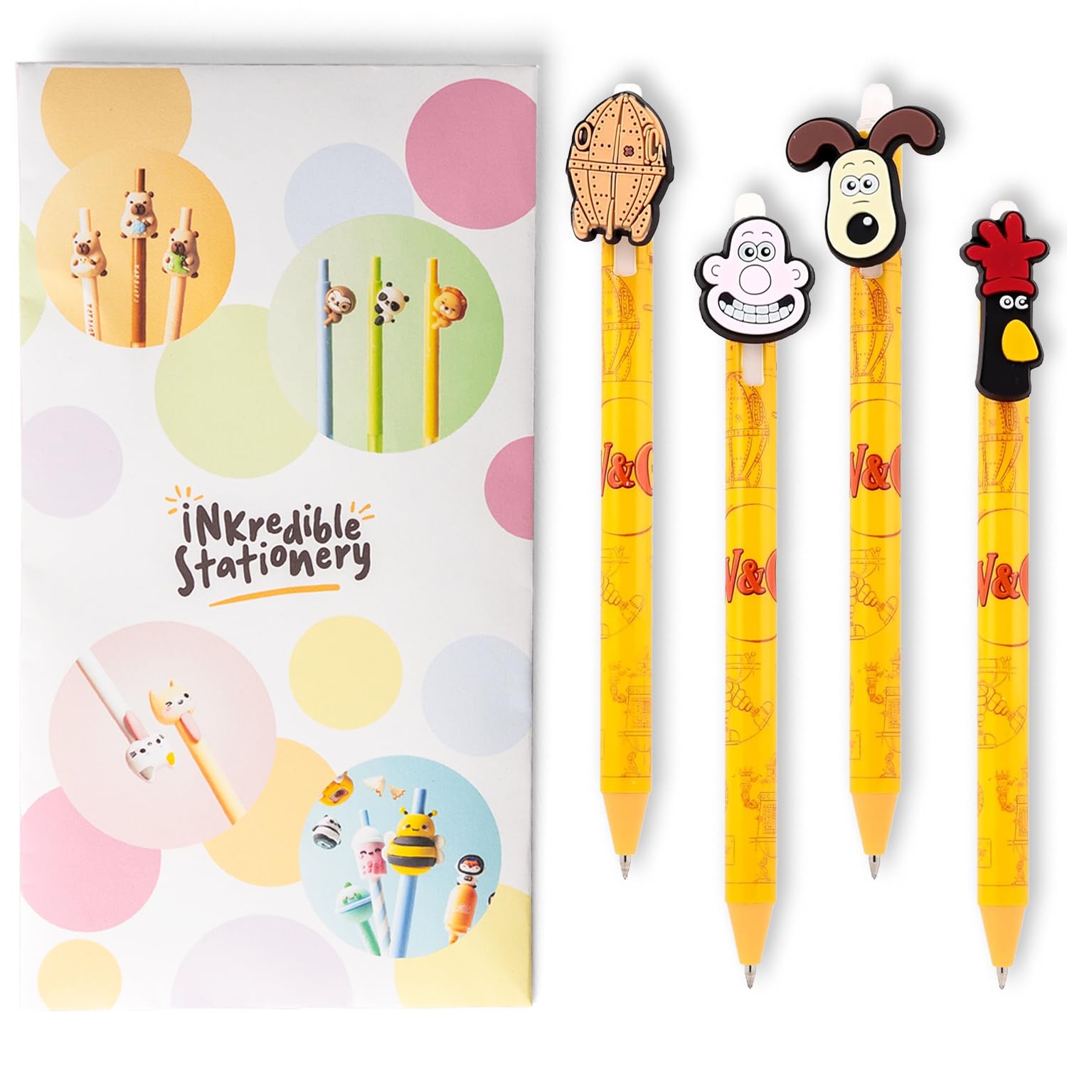 Puckator Inkredible Erasable Pen | Wallace & Gromit Character Retractable Novelty Pens | Fun Gift Stationery | Blue Ink | Pack of 4 Designs