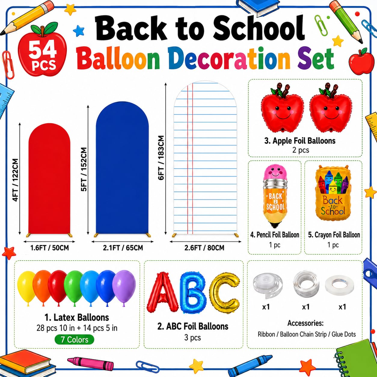 Cinrobiye Juego de 56 piezas de telón de fondo de arco de regreso a clases, composición de tela elástica, fundas de arco de cuaderno para marcos de 4 pies, 5 pies y 6 pies con 42 globos, decoración de