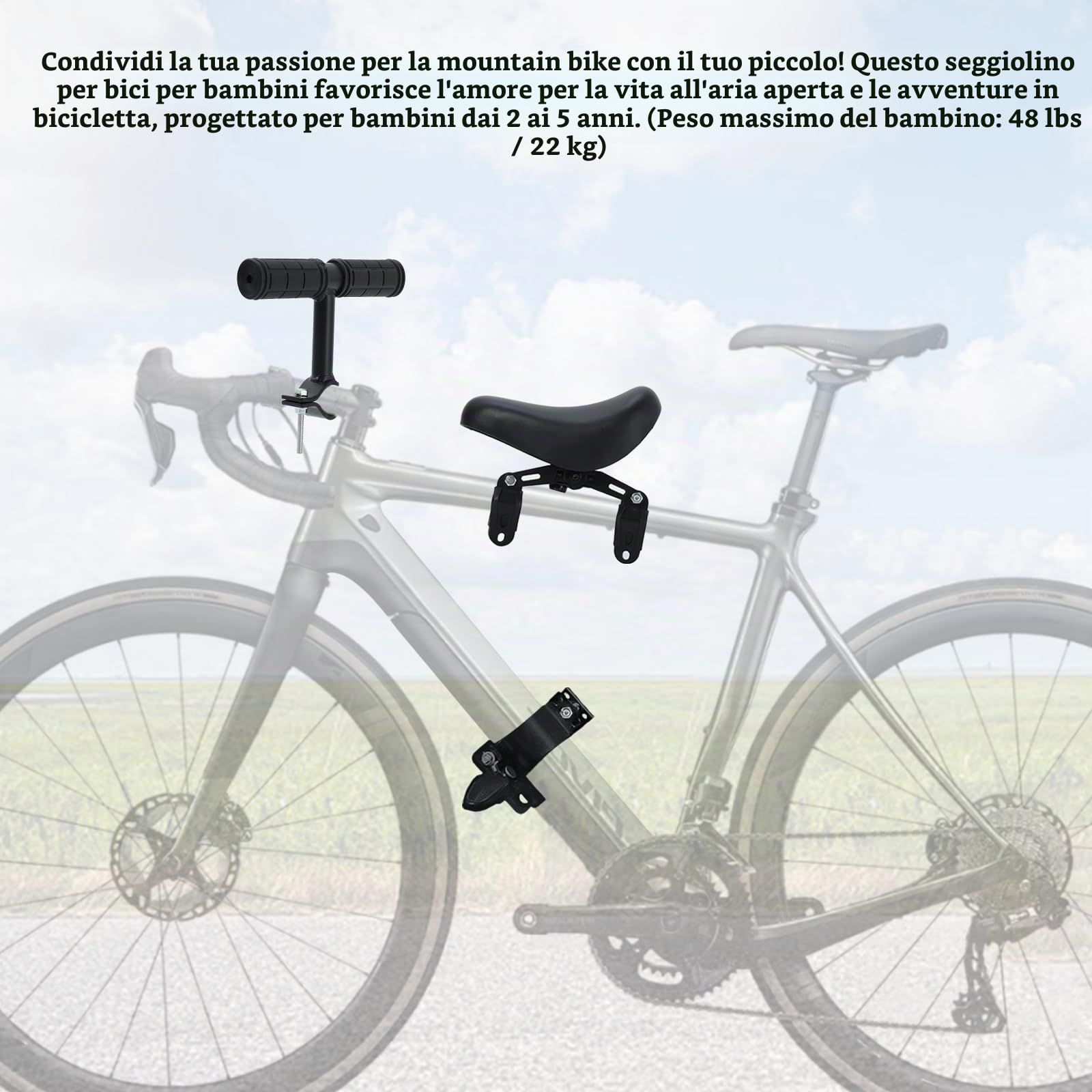BWBIKE Seggiolino Anteriore Rimovibile per Bambini 2-5 Anni con Poggiapiedi, Manubrio di Sicurezza e Pedali - Compatibile con Biciclette MTB Adulto (Supporto Anteriore)