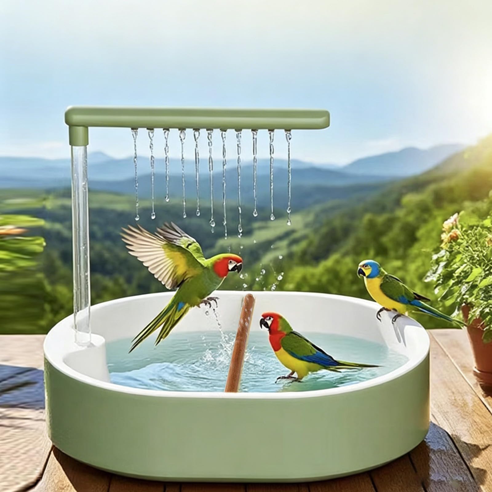 Vogelbadewanne, Automatische Wasserzirkulation USB-Betrieben 5V, 32x26cm Großes Becken mit 26 Wasserauslässen, Spritzschutz & Drehbare Sitzstange für Wellensittiche Nymphensittiche (Grün)
