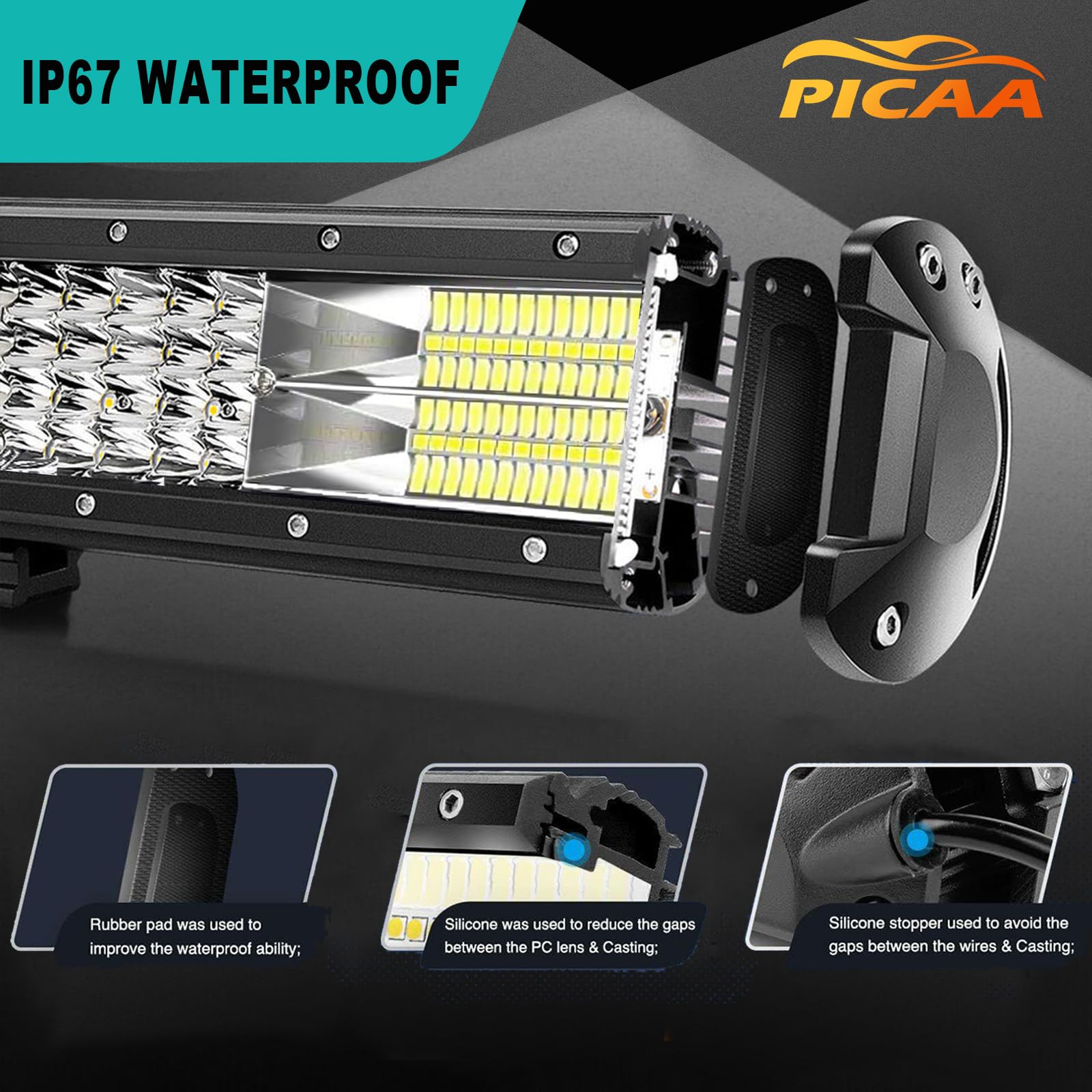 PICAA 20 cali 510 W listwa LED 4 x 4 z zestawem przewodów 12 V, cztery rzędy 50 cm listwa świetlna LED, rampa Led do samochodów ciężarowych SUV ciągnik
