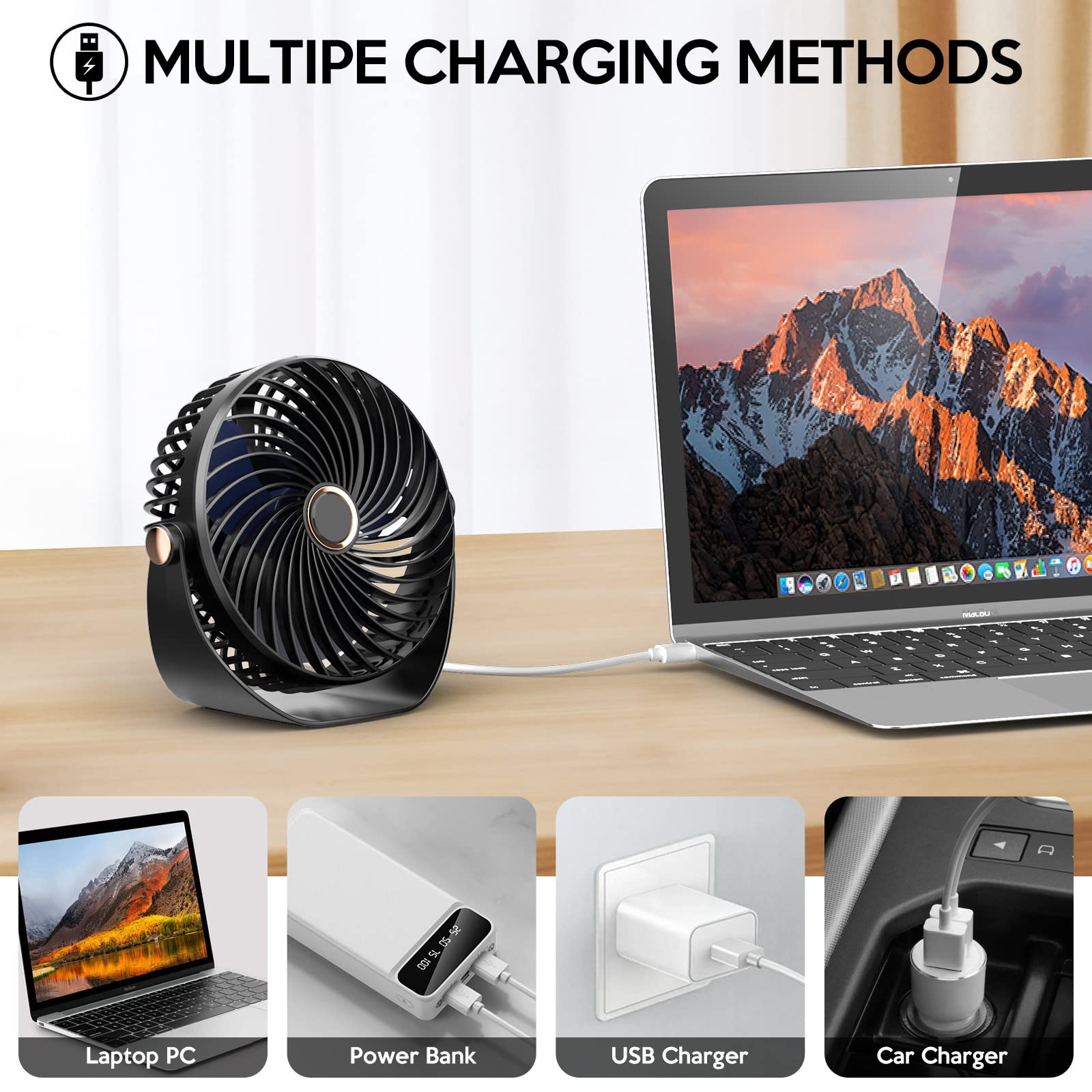 Ventilador de Mesa, Mini Ventilador USB Silencioso, 5 Velocidades,Personal Portátil Ventilador de Escritorio, para Oficina/Hogar/Viajar/Acampar/Cocina, Alimentado por USB (Negro) - 4