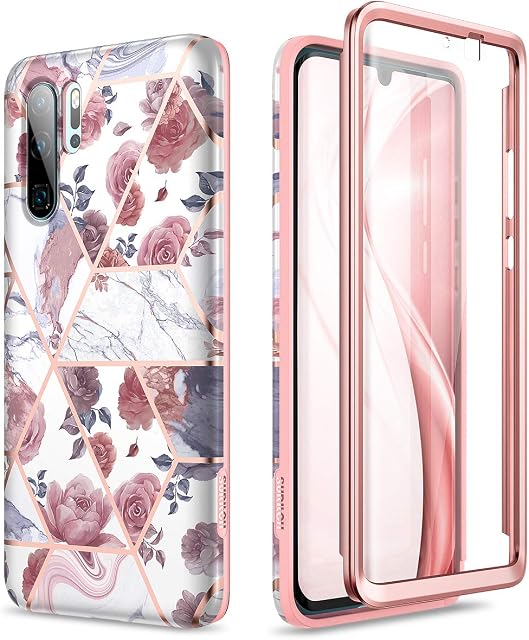 SURITCH for Huawei P30 Pro Case 360 Protection Silicone Back Cover with Built in Screen Protector Slim Thin Bumper Shockproof Case for Huawei P30 Pro Rose Marble