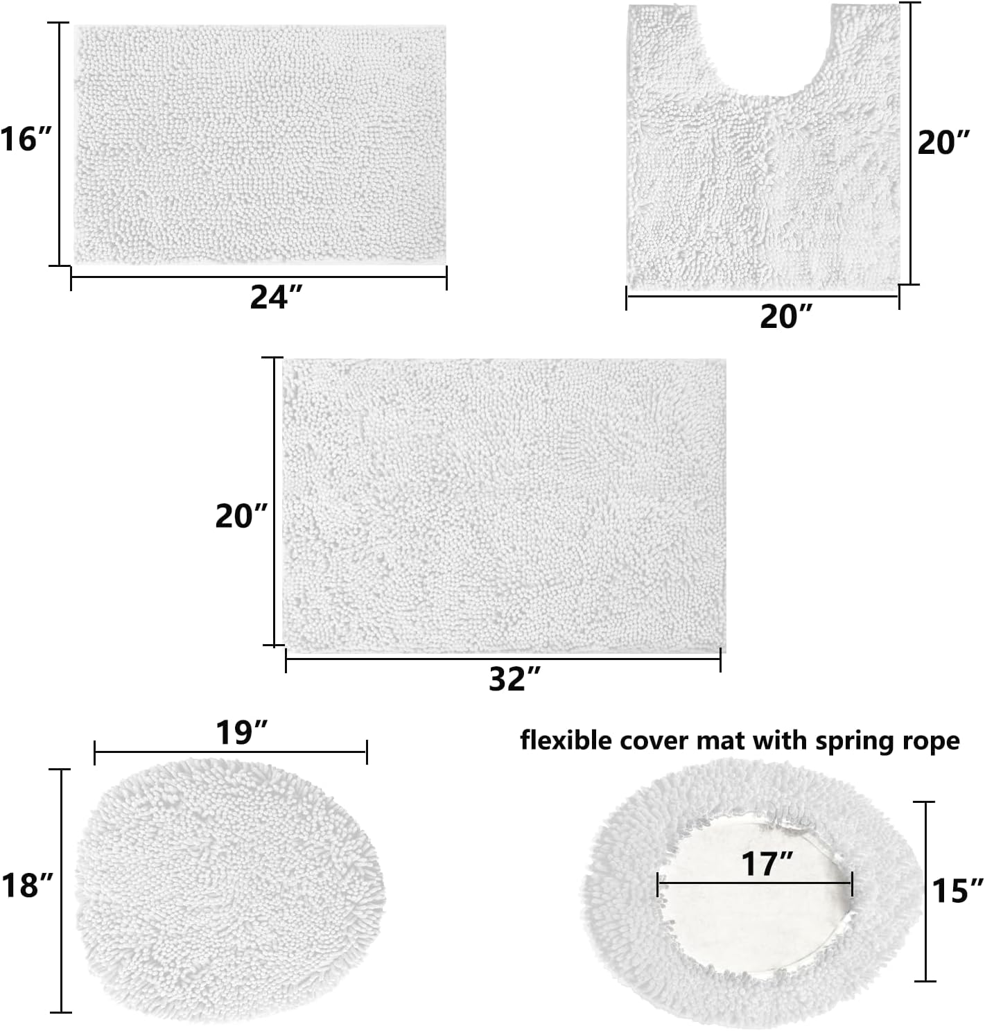 Bathroom Rugs Sets 4 Piece Chenille Bath Mat Set,Ultra Absorb Bathroon Rugs with Toilet Lid Cover,Machine Washable Bath Mats for Bathroom,White