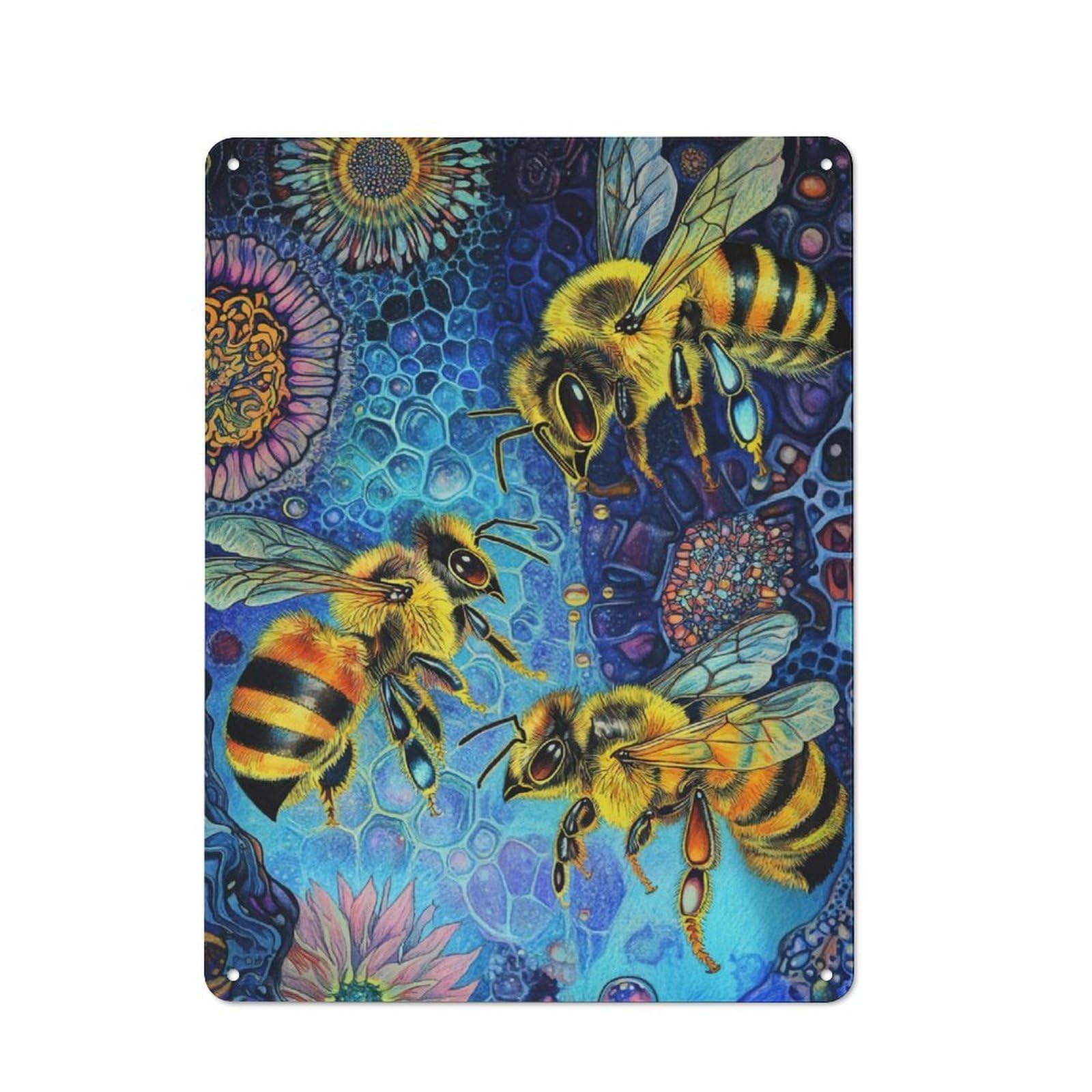 Junmoney Bees In A Cosmic Garden Retro Metal Plaque 40X30cm Featuring For Garage Wall, A Winter Wall Decor Update For Workshop Decor Fans