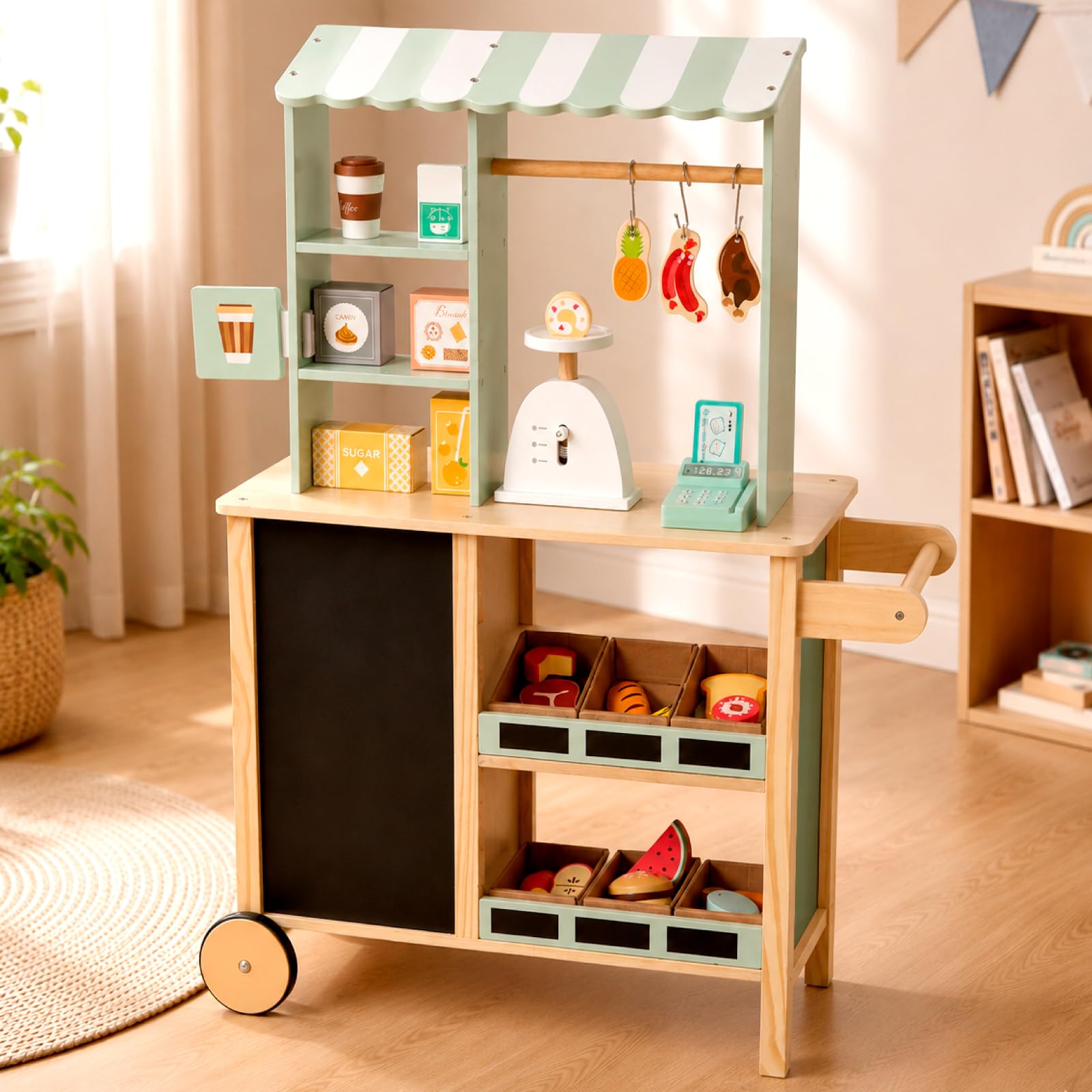 Nene Toys Negozio in Legno per Bambini – Bancarella/Stand Mercato Tutto-in-Uno con Registratore di Cassa, Bilancia, Lavagna, Asta Appendino – Lato Cucina con Forno – Giocattolo Educativo 3–7 Anni