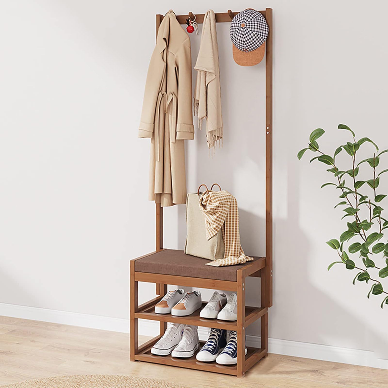 Banc d'entrée en bambou 3 en 1 avec porte-manteau et rangement chaussures 80 cm
