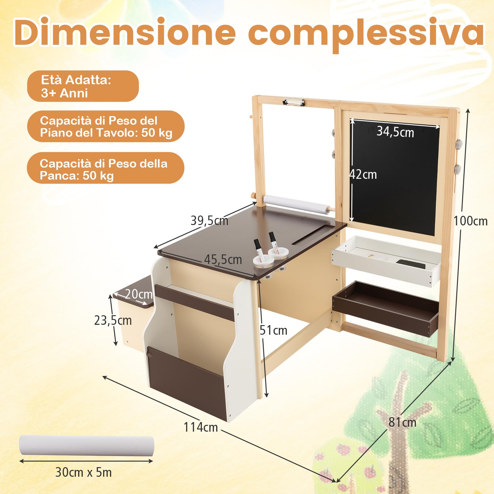 GYMAX Set di Cavalletto con Tavolo e Panca per Bambini, Scrivania Multifunzionale in Legno con Lavagna Bifacciale, Rotolo di Carta, Scaffale, Contenitore, Mobili per Attività (Caffè)