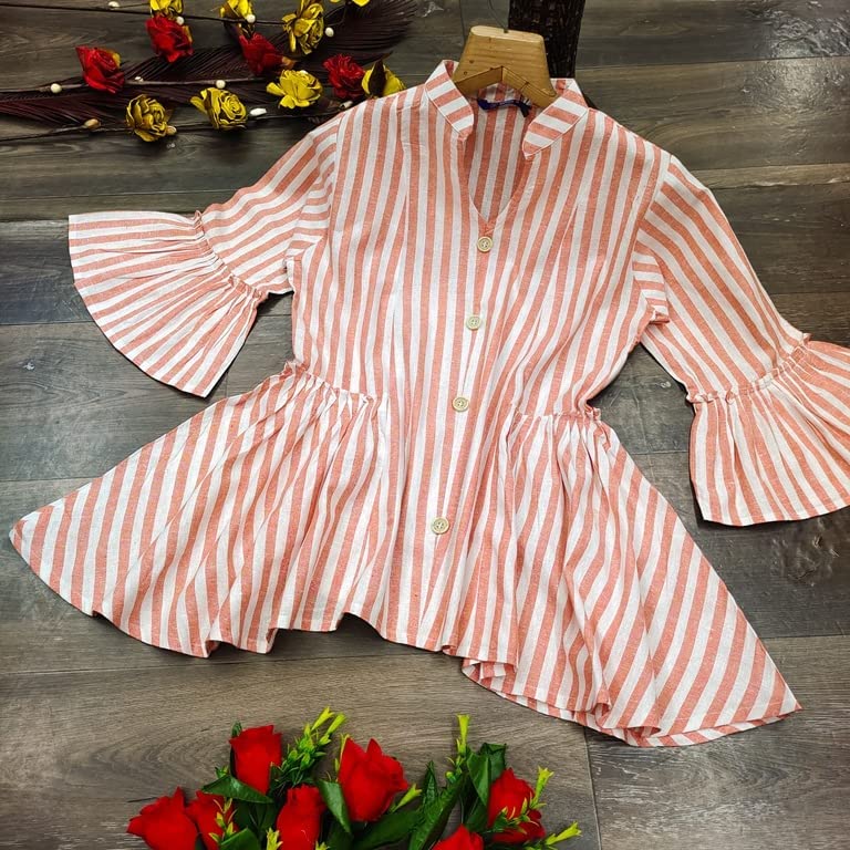 Image of GRECIILOOKS Tops for Women`s | Womens Striped Printed Casual Top for Women | Formal Stylish Bell Sleeve Womens top | Comfortable Rich Vacations and Summer Outfits