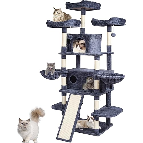 VEVOR Cat Tree for Indoor Cats, 68.5" Cat Tower with 2 Cat Condos, Sisal Scratching Post, Hammocks, Top Perches, Jumping Platforms and Ramp, Cat Furniture Activity Center with Hang Balls, Dark Grey