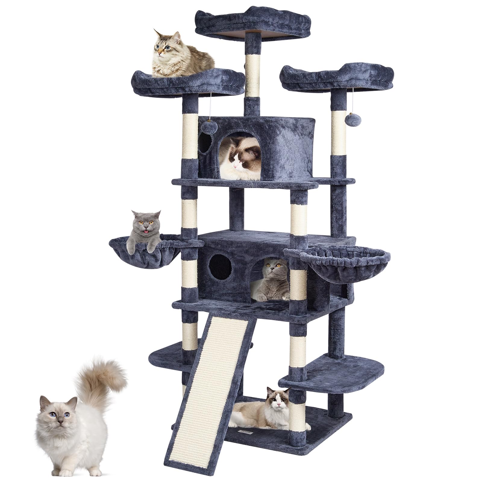 VEVOR Cat Tree for Indoor, 68.5" Cat Tower with 2 Condos, Sisal Scratching Post, Hammocks, Top Perches, Jumping Platforms and Ramp, Furniture Activity Center with Hang Balls, Dark Grey