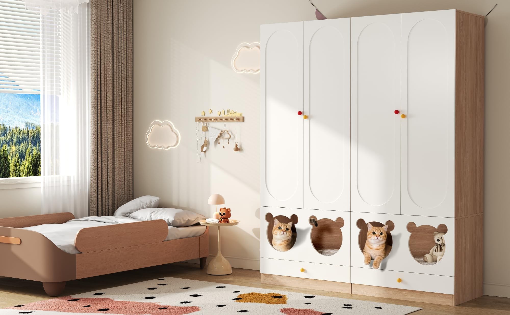Shye Armario infantil con barra de plancha, con cama para gatos, paneles lacados, tableros de partículas, tiradores de cerámica de colores, color blanco, color madera natural, 80 × 50 × 200 cm