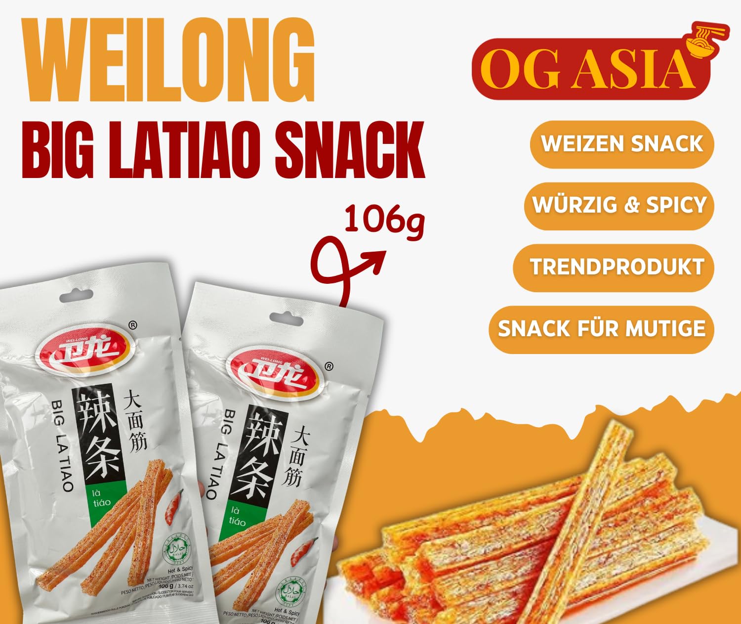 Latiao Big - Scharfer Weizen Snack - Authentisch Chinesisch - OG ASIA - 106g
