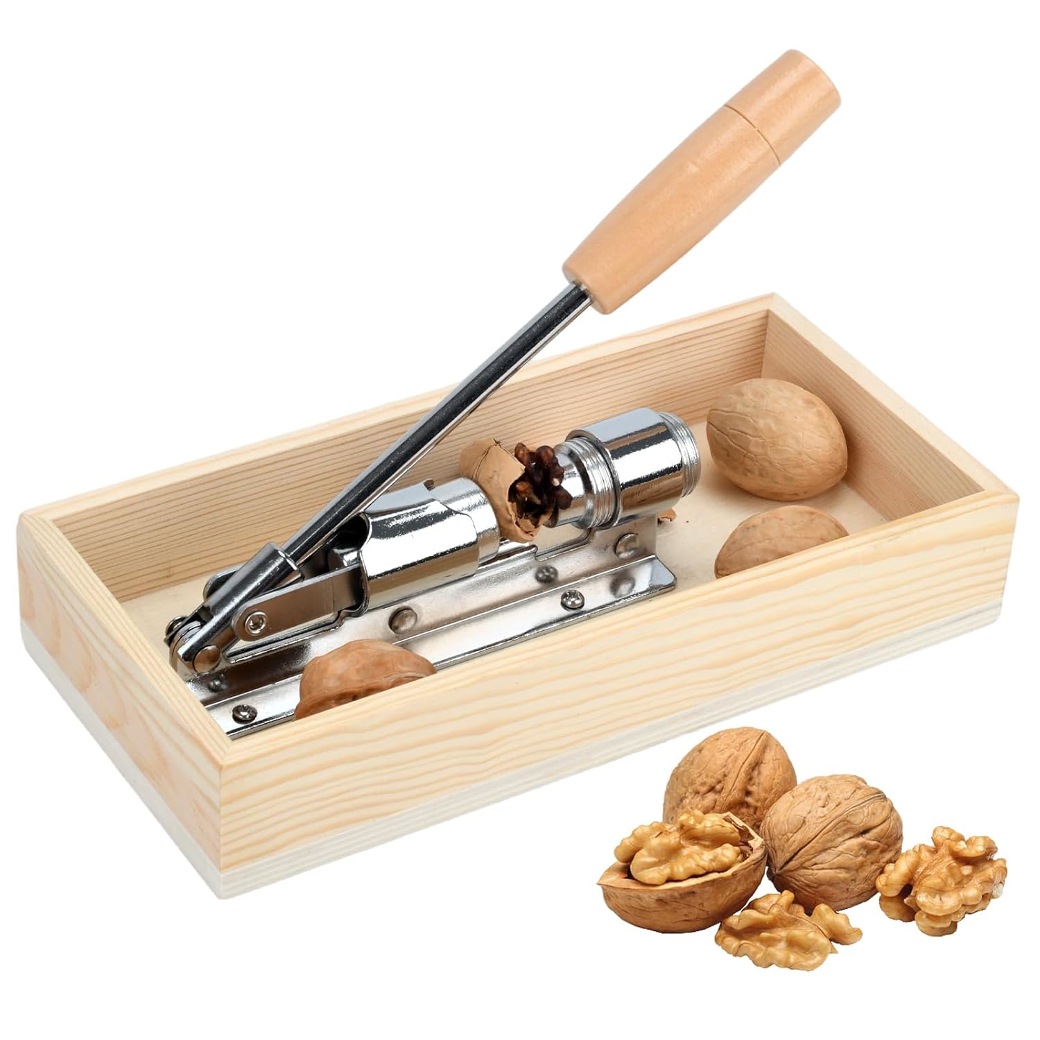 Manual Nut Cracker for Walnuts, Chestnuts, Almonds, Pecans, Hazelnuts with Wooden Storage Base